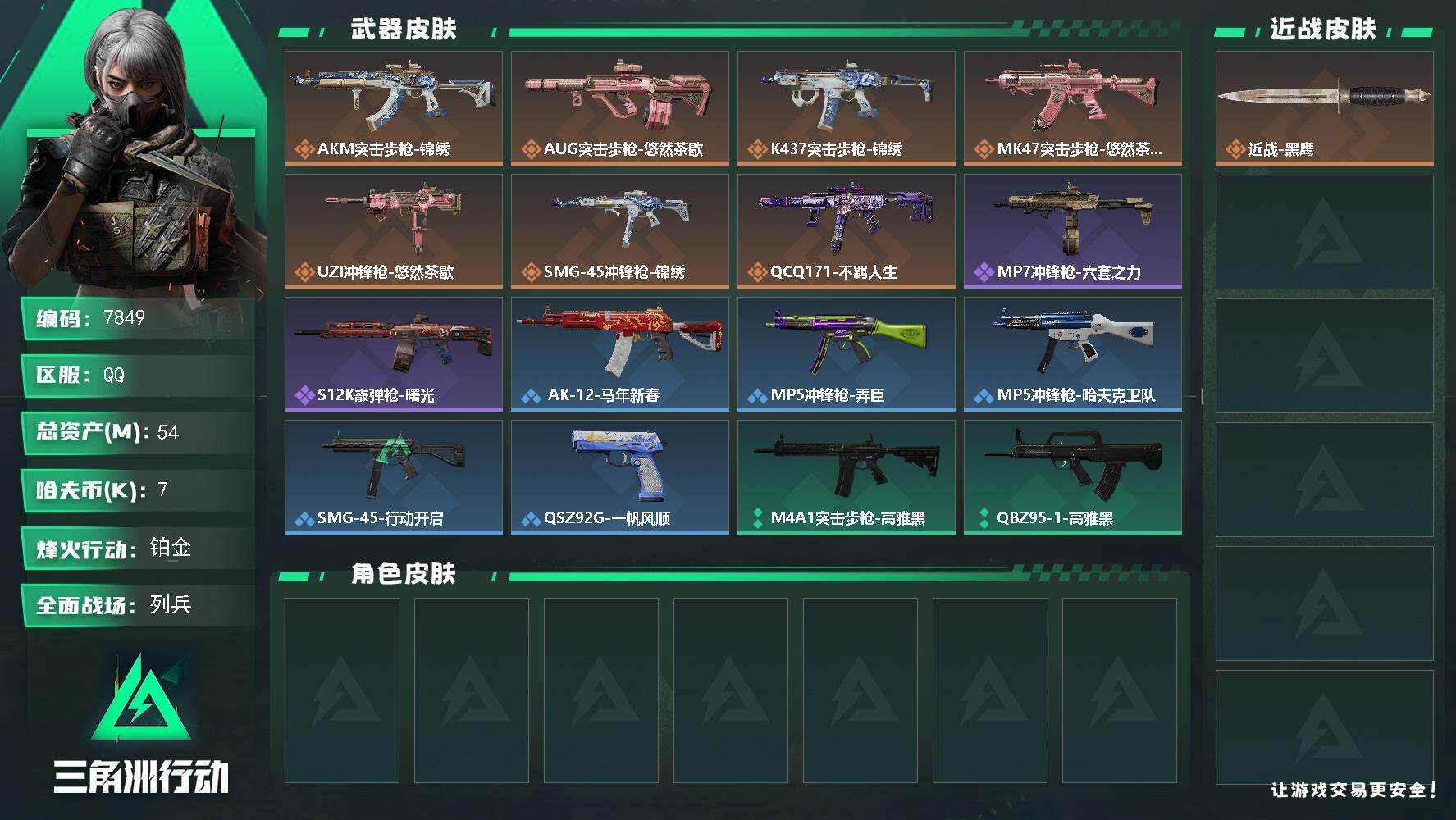 三角洲行动账号QQ总资产54M/哈夫币0万/传说枪皮数7/战场等级11/行动等级60/安全箱等时效性道具以游戏内数据为准，详情请看图/近战-黑鹰/AKM突击步枪-锦绣/AUG突击步枪-悠然茶歇/K437突击步枪-锦绣/