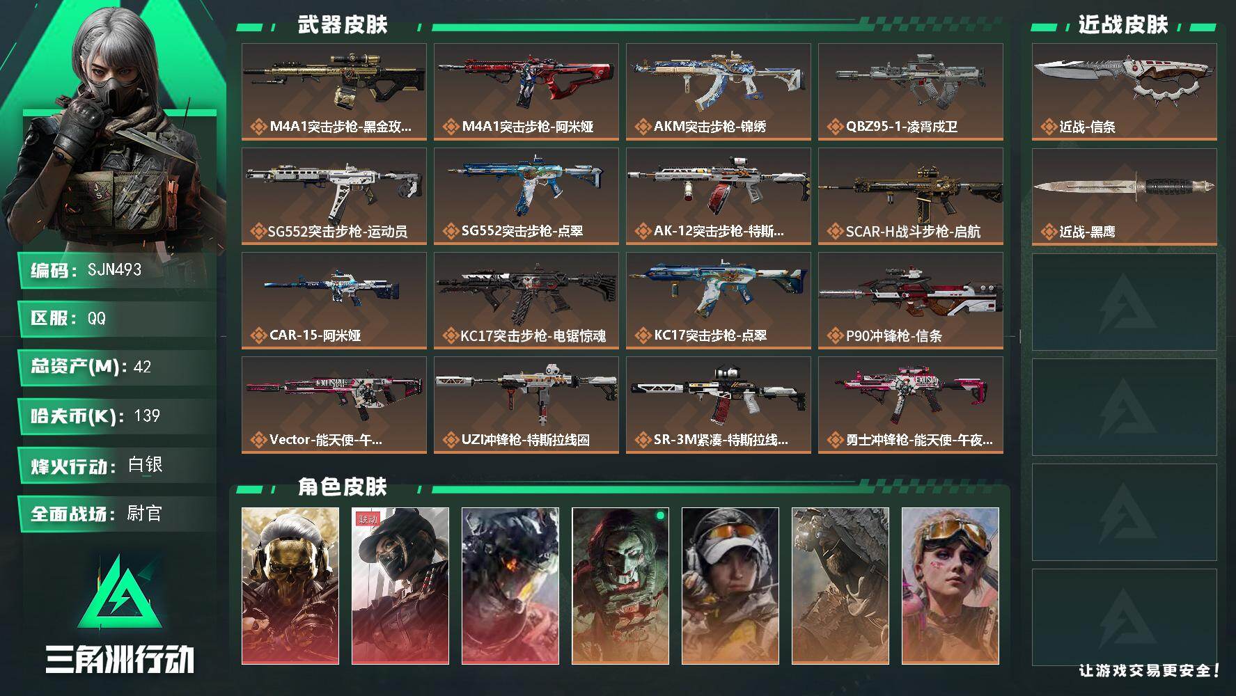 三角洲行动账号QQ【SJN493】总资产(M)：42M/哈夫币(K)：139K/哈夫币(K)：139K/传说枪皮数：26/全面战场等级：50_段位：尉官/烽火地带等级：60_段位：白银/红狼-蚀金玫瑰/露娜-黑·天际