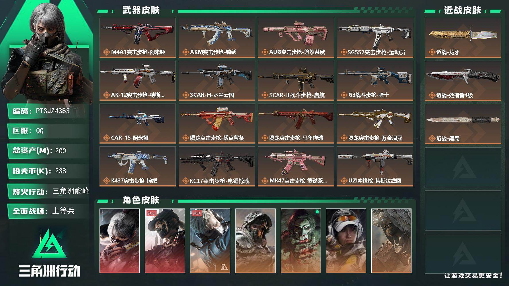 三角洲行动账号QQ【PTSJZ4383】总资产(M)：200M/哈夫币(K)：238K/哈夫币(K)：238K/传说枪