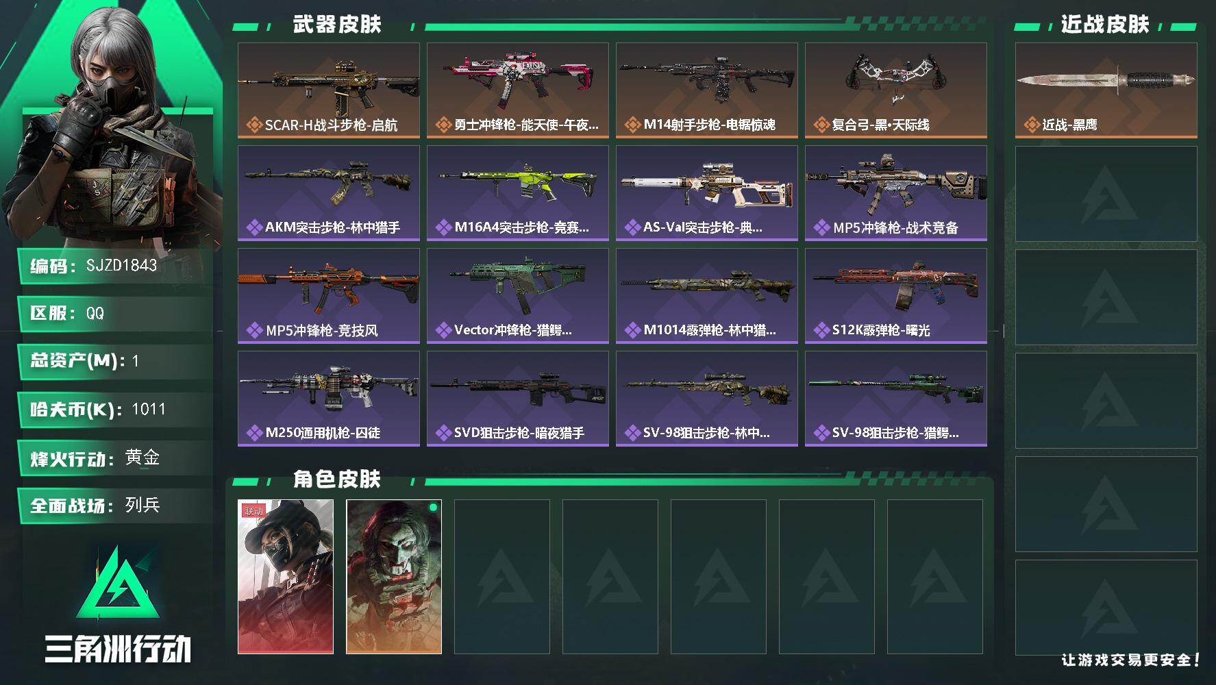 三角洲行动账号QQ【SJZD1843】总资产(M)：1M/哈夫币(K)：1011K/哈夫币(K)：1011K/传说枪皮数：4/全面战场等级：6_段位：列兵/烽火地带等级：54_段位：黄金/露娜-黑·天际线/红狼-电锯