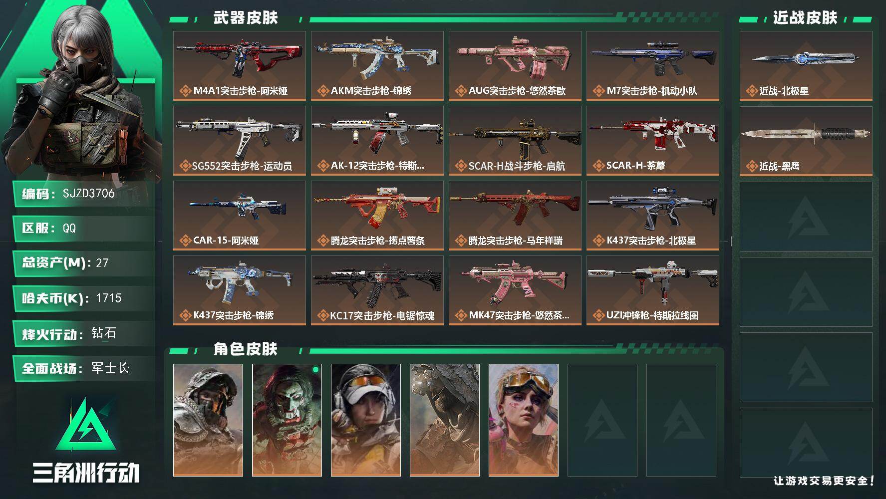 三角洲行动账号QQ【SJZD3706】总资产(M)：27M/哈夫币(K)：1715K/哈夫币(K)：1715K/传说枪