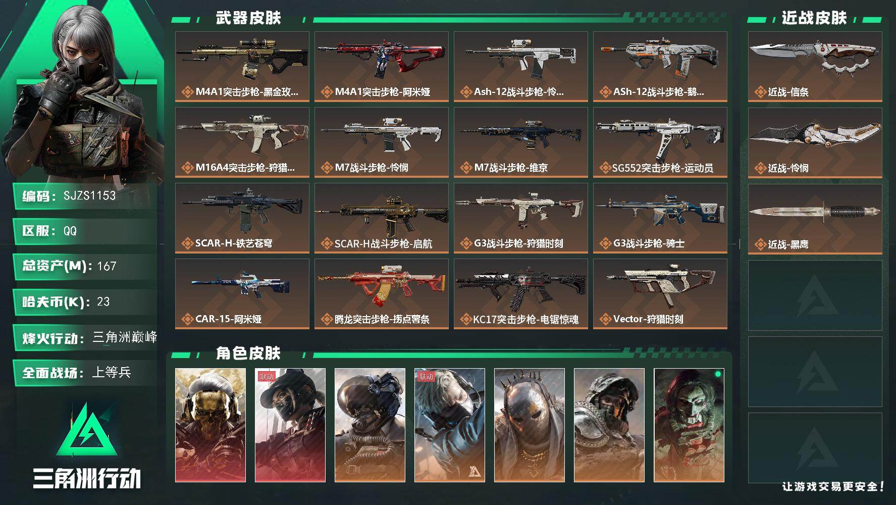 三角洲行动账号QQ23k哈伏币-135m流动资产-60烽火等级-三角洲巅峰-29战场等级-上等兵
【干员外观】：红狼-蚀金玫瑰，露娜-黑·天际线，威龙-壮志凌云，蜂医-送葬人·无题密令，牧羊人-街头之王，深蓝-不破誓约