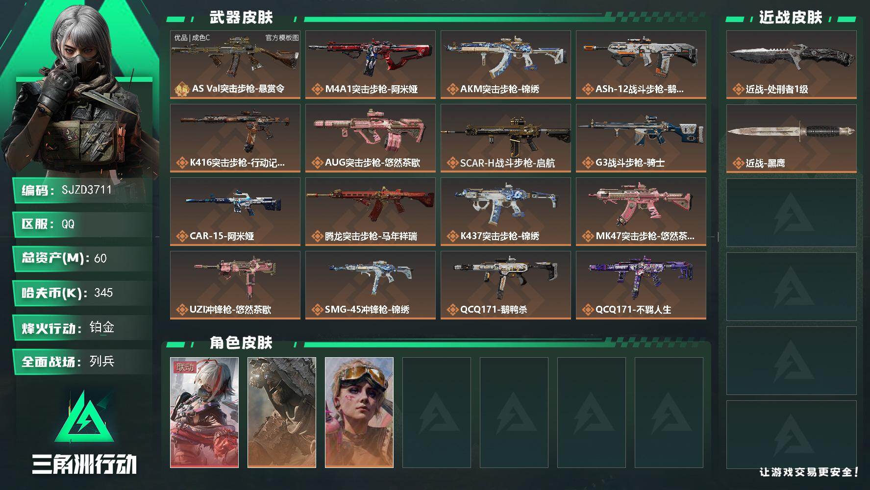 三角洲行动账号QQ【SJZD3711】总资产(M)：60M/哈夫币(K)：345K/哈夫币(K)：345K/传说枪皮数：24/全面战场等级：13_段位：列兵/烽火地带等级：60_段位：铂金/骇爪-维什戴尔/乌鲁鲁-荒
