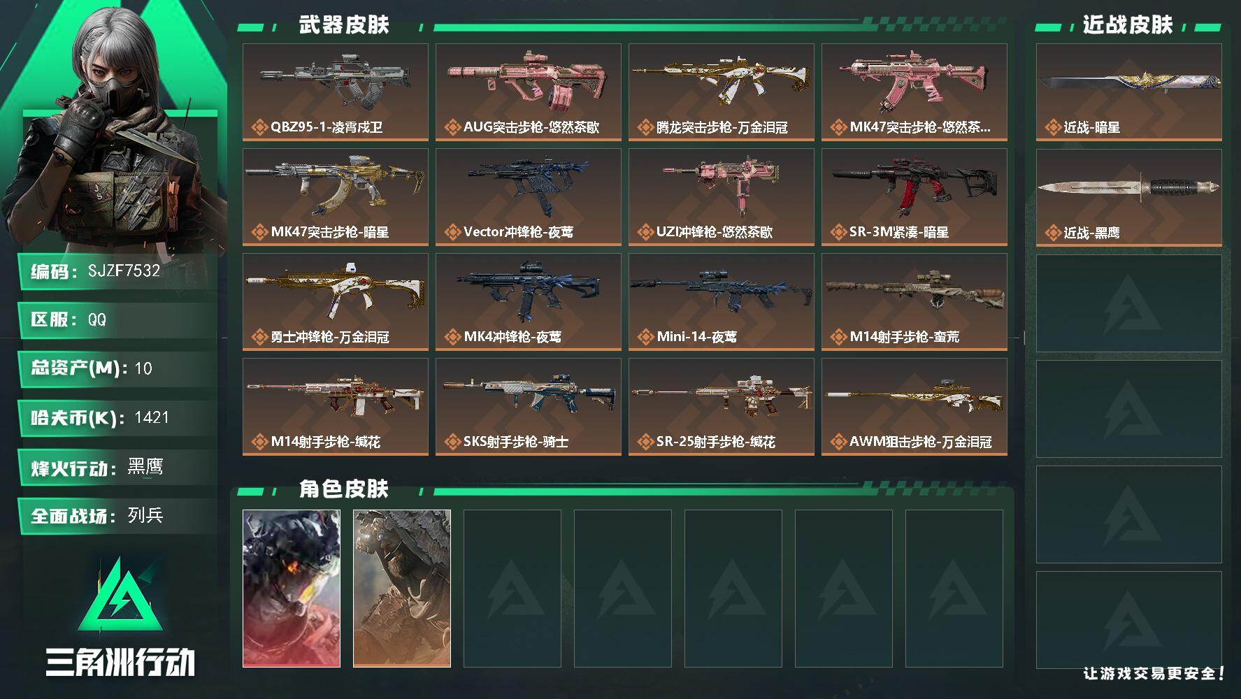 三角洲行动账号QQ【SJZF7532】总资产(M)：10M/哈夫币(K)：1421K/哈夫币(K)：1421K/传说枪