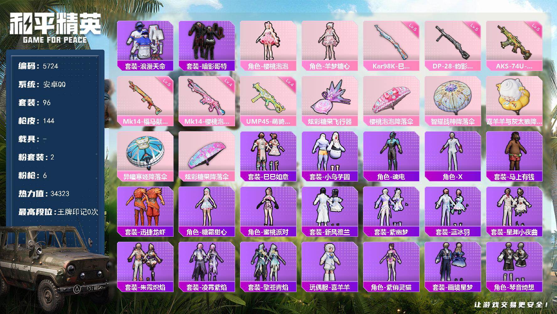 和平精英账号安卓QQ96套装/枪械6/装备151/战备104/热力值34323/四级UMP45-萌骑冒险/五级AKS-74U-森灵之息/五级Kar98K-巳巳如意/四级Mk14-樱桃泡泡/五级Mk14-福马献瑞/五级DP