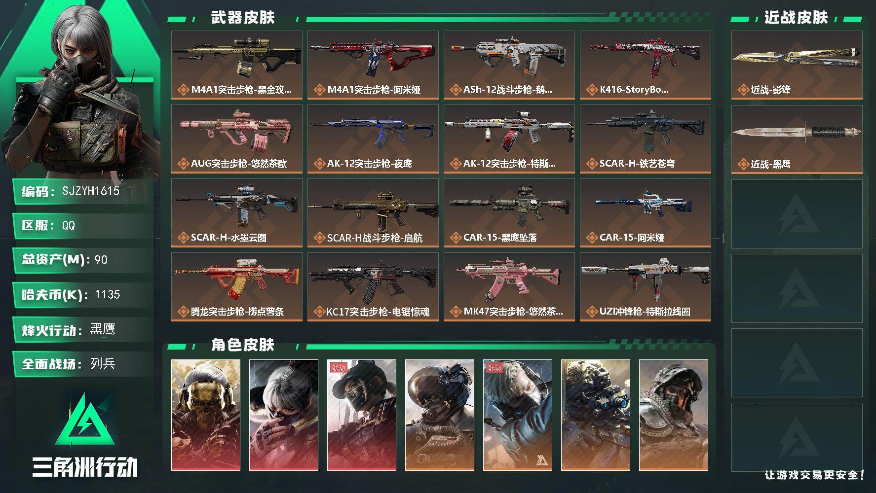 三角洲行动账号QQ【SJZYH1615】总资产(M)：90M/哈夫币(K)：1135K/哈夫币(K)：1135K/传说枪皮数：32/全面战场等级：12_段位：列兵/烽火地带等级：60_段位：黑鹰/红狼-蚀金玫瑰/骇爪