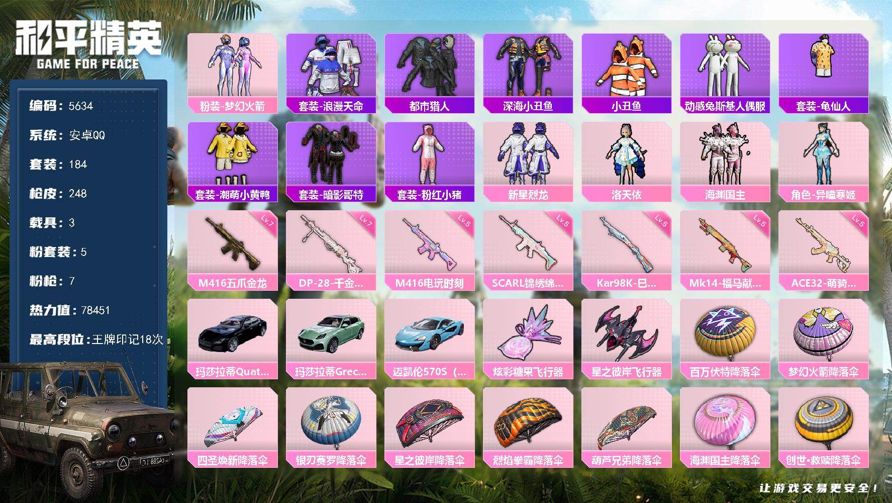 和平精英账号安卓QQ184套装/枪械7/装备305/载具3/战备179/王牌印记18/热力值78451/五级SCAR-L-锦绣绵绵/七级M416-五爪金龙/五级M416-电玩时刻/五级ACE32-萌骑漫游/五级Kar98