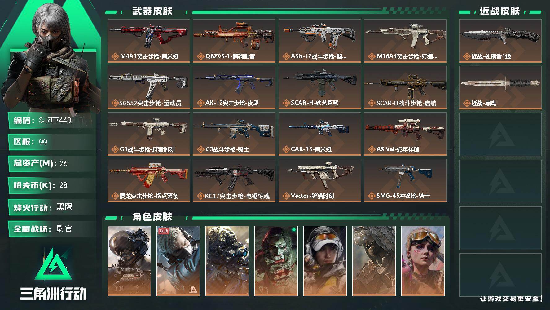 三角洲行动账号QQ【SJZF7440】总资产(M)：26M/哈夫币(K)：28K/哈夫币(K)：28K/传说枪皮数：30/全面战场等级：46_段位：尉官/烽火地带等级：60_段位：黑鹰/威龙-壮志凌云/蜂医-送葬人·