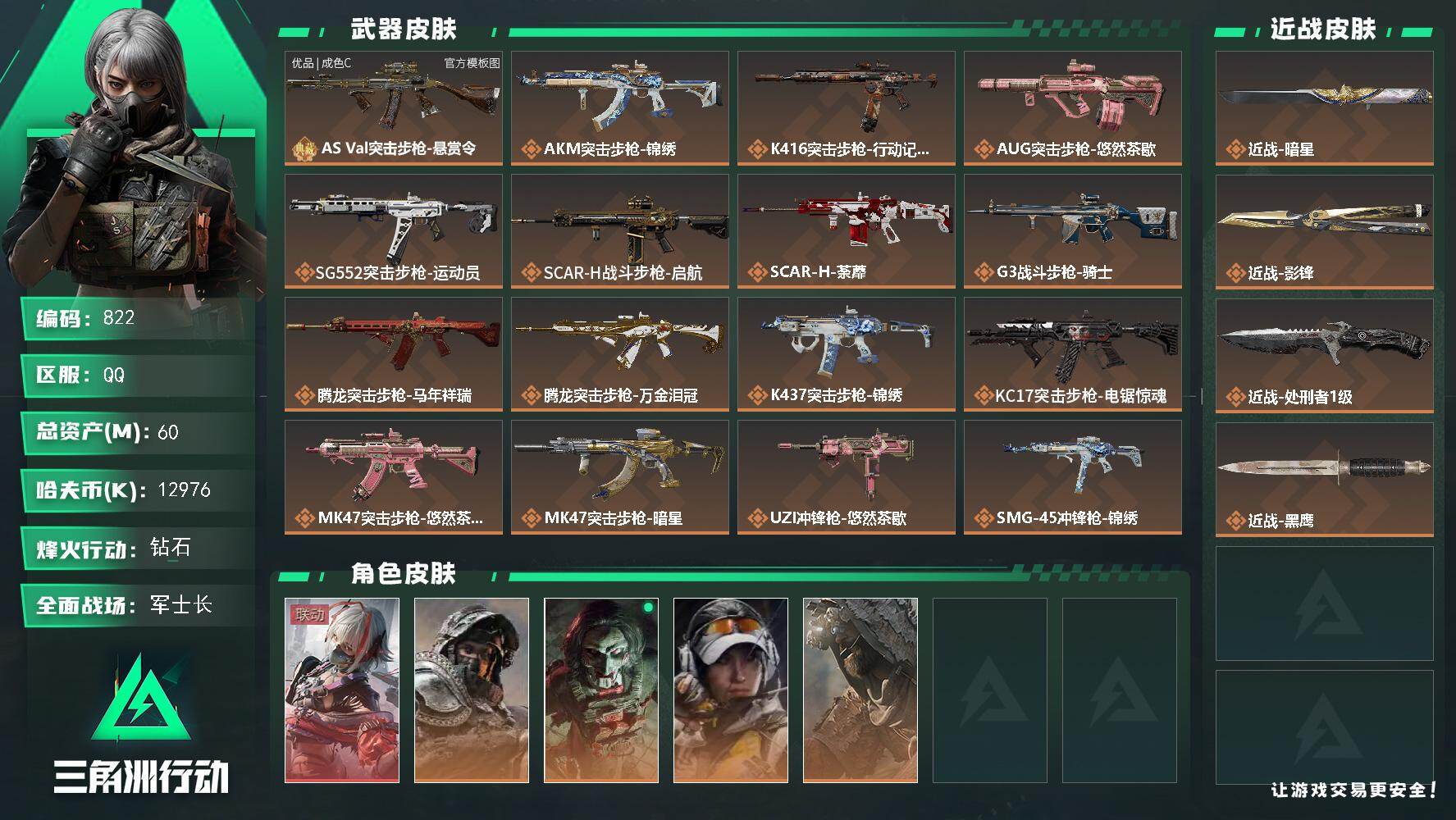 三角洲行动账号QQ【822】【三刀皮·暗星·影锋·处刑者·电锯惊魂·维什戴尔5干员皮·总资产60M·1200万纯币】6