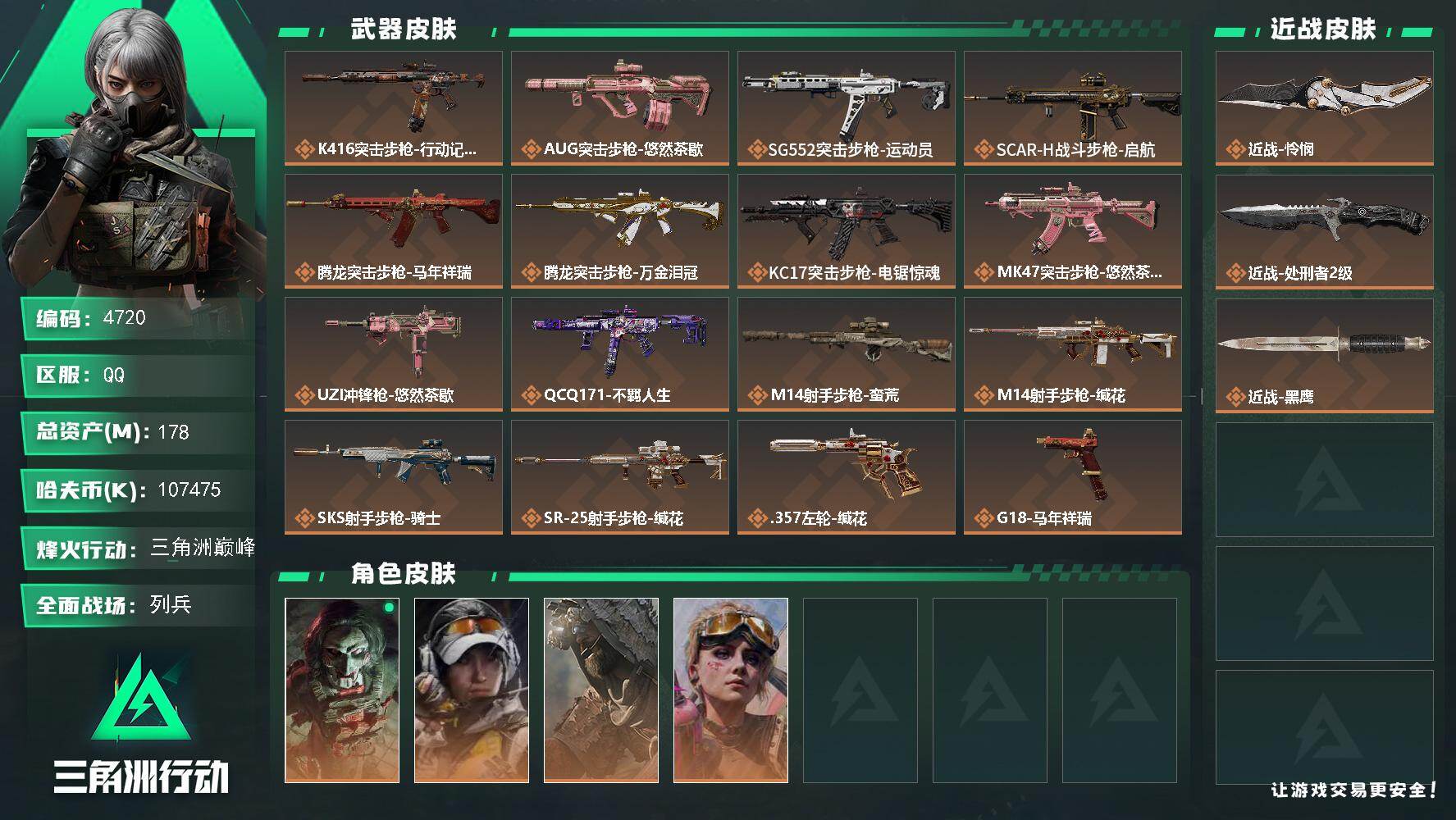 三角洲行动账号QQPX_2558325-178m总资产-107475k哈夫币-60烽火等级-三角洲巅峰-24战场等级-列兵
【干员外观】：红狼-电锯惊魂，露娜-金牌射手，乌鲁鲁-荒原猎手，蛊-不羁人生
【近战