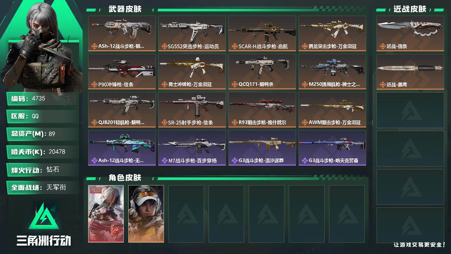 三角洲行动账号QQPX_2558404-89m总资产-20478k哈夫币-60烽火等级-钻石-1战场等级-无军衔
【干员外观】：骇爪-维什戴尔，露娜-金牌射手
【近战皮肤】：近战-信条，近战-黑鹰
【传说外观