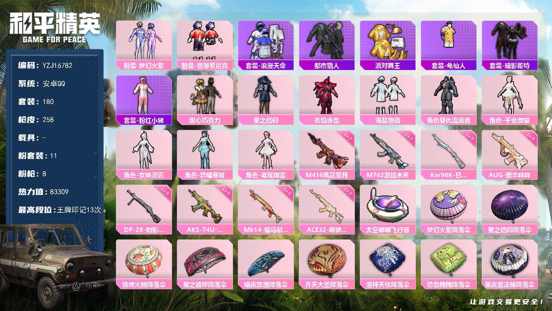 和平精英账号安卓QQYZJ16782 无二次-4稀有10粉装8特效枪11热门180套装258枪皮 83309热力值 极品