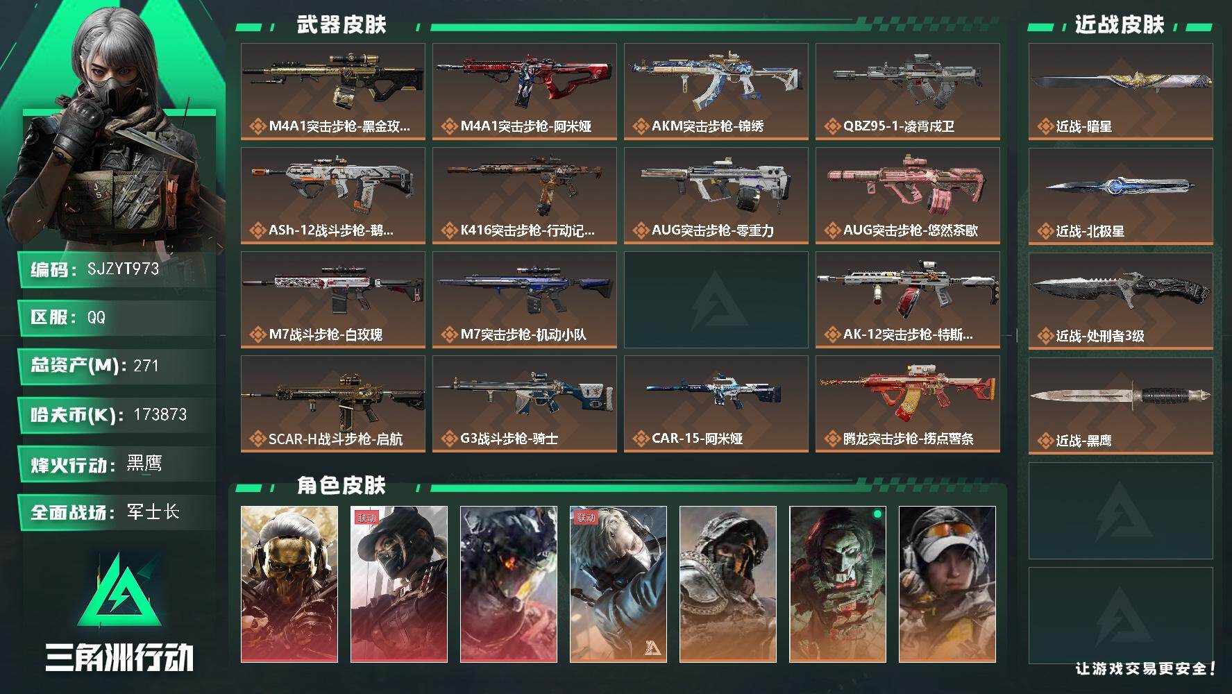 三角洲行动账号QQ【SJZYT973】总资产(M)：271M/哈夫币(K)：173873K/哈夫币(K)：173873K/传说枪皮数：45/全面战场等级：40_段位：军士长/烽火地带等级：60_段位：黑鹰/红狼-蚀金