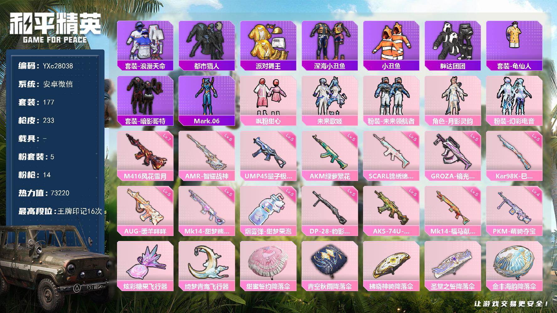 和平精英账号安卓微信【金鞋 都市 小丑鱼 小狗蛇 双马尾 胖达 哥特 满地铁天赋】YXc28038-【无二次协助处理】【因赛季更新游戏段付以上号为准!】
 安卓V-5稀有5粉装14特效枪11热门177套装233枪皮 16