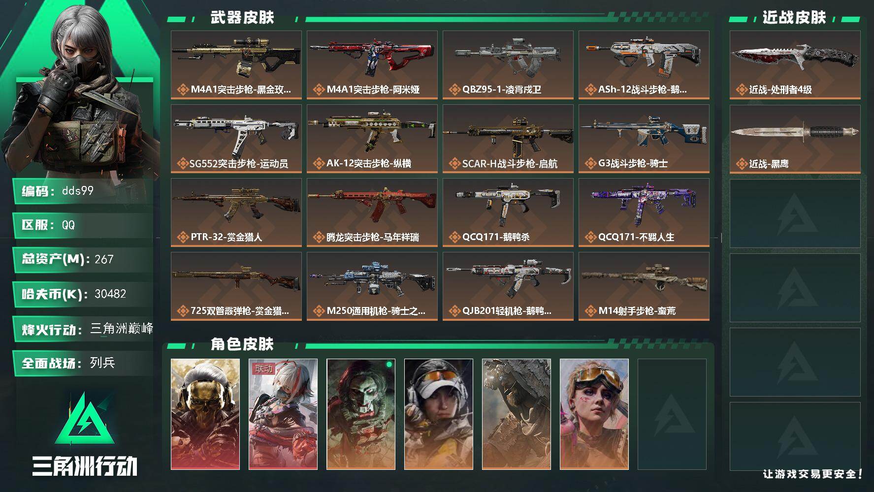 三角洲行动账号QQ267m总资产-30482k哈夫币-60烽火等级-三角洲巅峰-7战场等级-列兵
【干员外观】：红狼-蚀金玫瑰，骇爪-维什戴尔，红狼-电锯惊魂，露娜-金牌射手，乌鲁鲁-荒原猎手，蛊-不羁人生
【近战皮肤