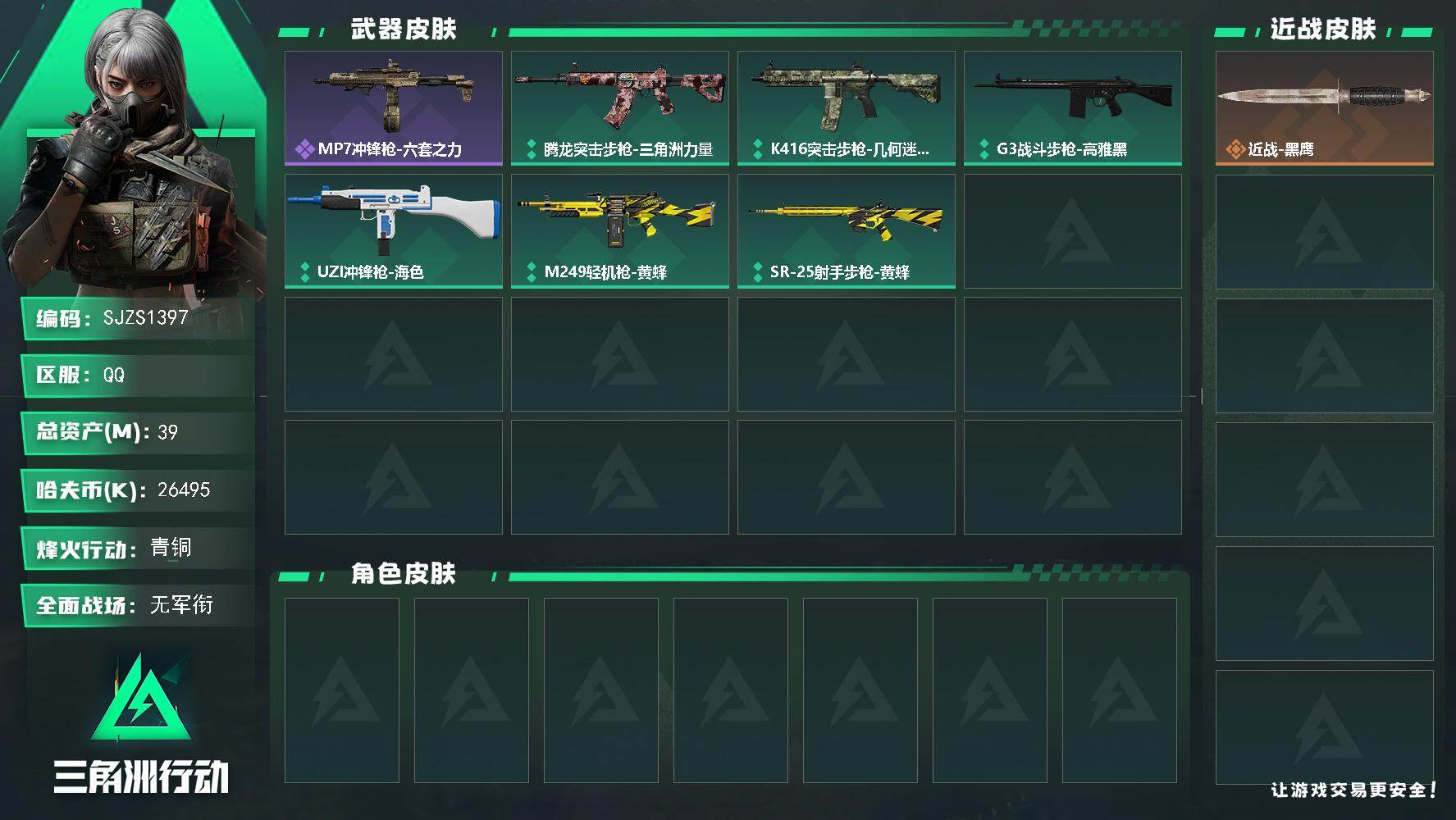 三角洲行动账号QQ39m总资产-26495k哈夫币-33烽火等级-青铜-1战场等级-无军衔
【近战皮肤】：近战-黑鹰
【史诗外观】：MP7冲锋枪-六套之力
【普通外观】：腾龙突击步枪-三角洲力量，K416突击步枪-几何