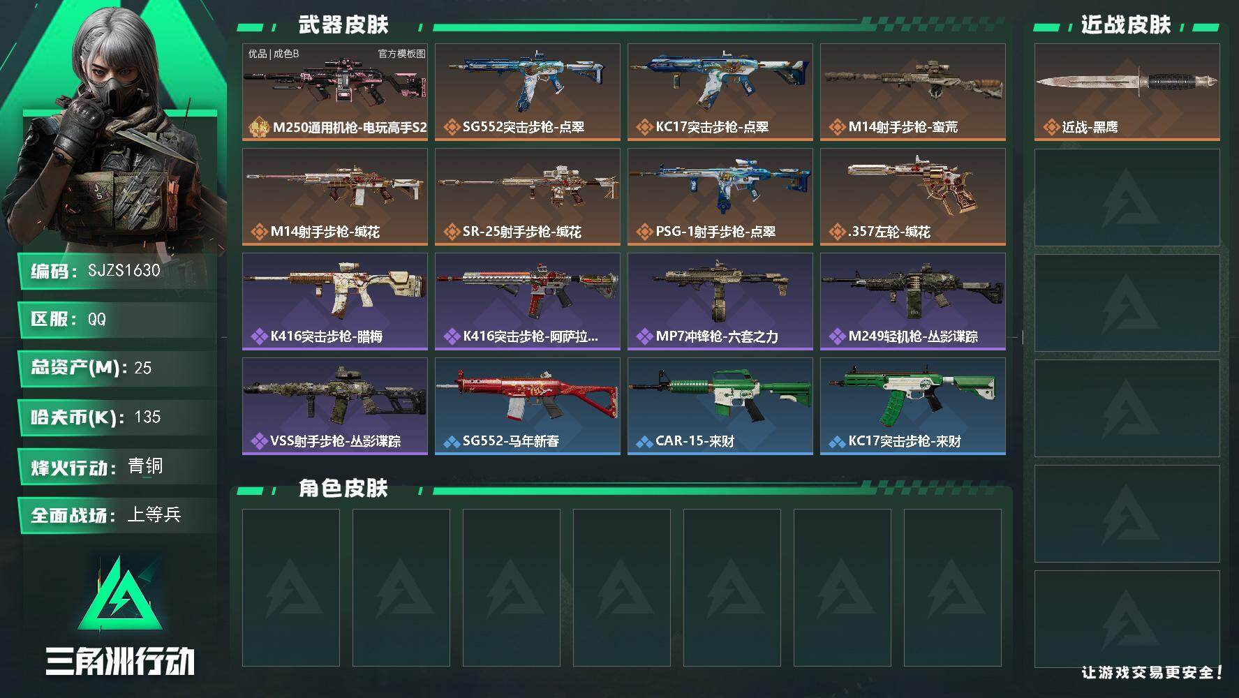 三角洲行动账号QQ【SJZS1630】总资产(M)：25M/哈夫币(K)：135K/哈夫币(K)：135K/传说枪皮数：8/全面战场等级：13_段位：上等兵/烽火地带等级：38_段位：青铜/近战-黑鹰/M250通用机