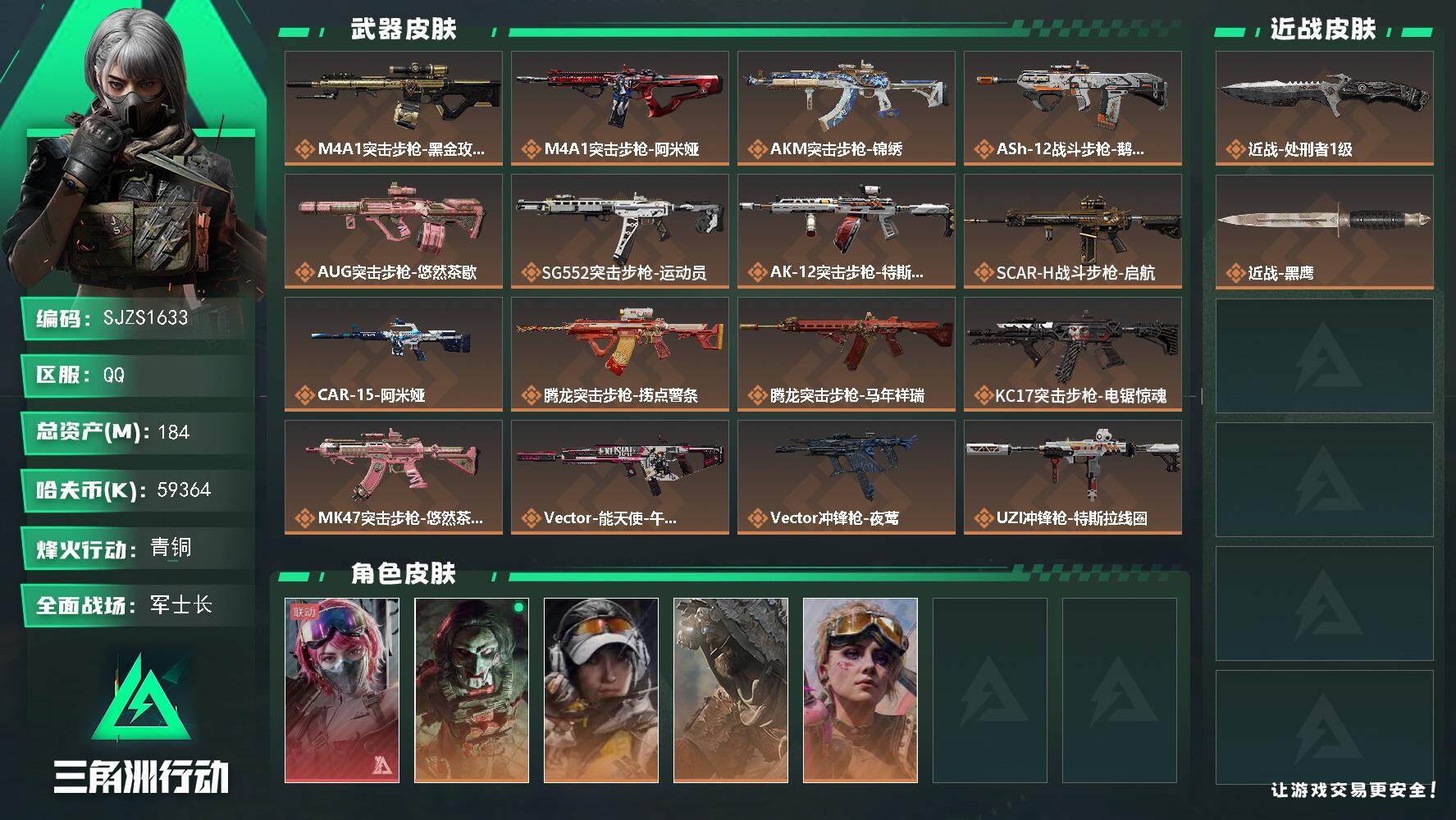 三角洲行动账号QQ【SJZS1633】总资产(M)：184M/哈夫币(K)：59364K/哈夫币(K)：59364K/传说枪皮数：33/全面战场等级：28_段位：军士长/烽火地带等级：60_段位：青铜/蛊-能天使午夜