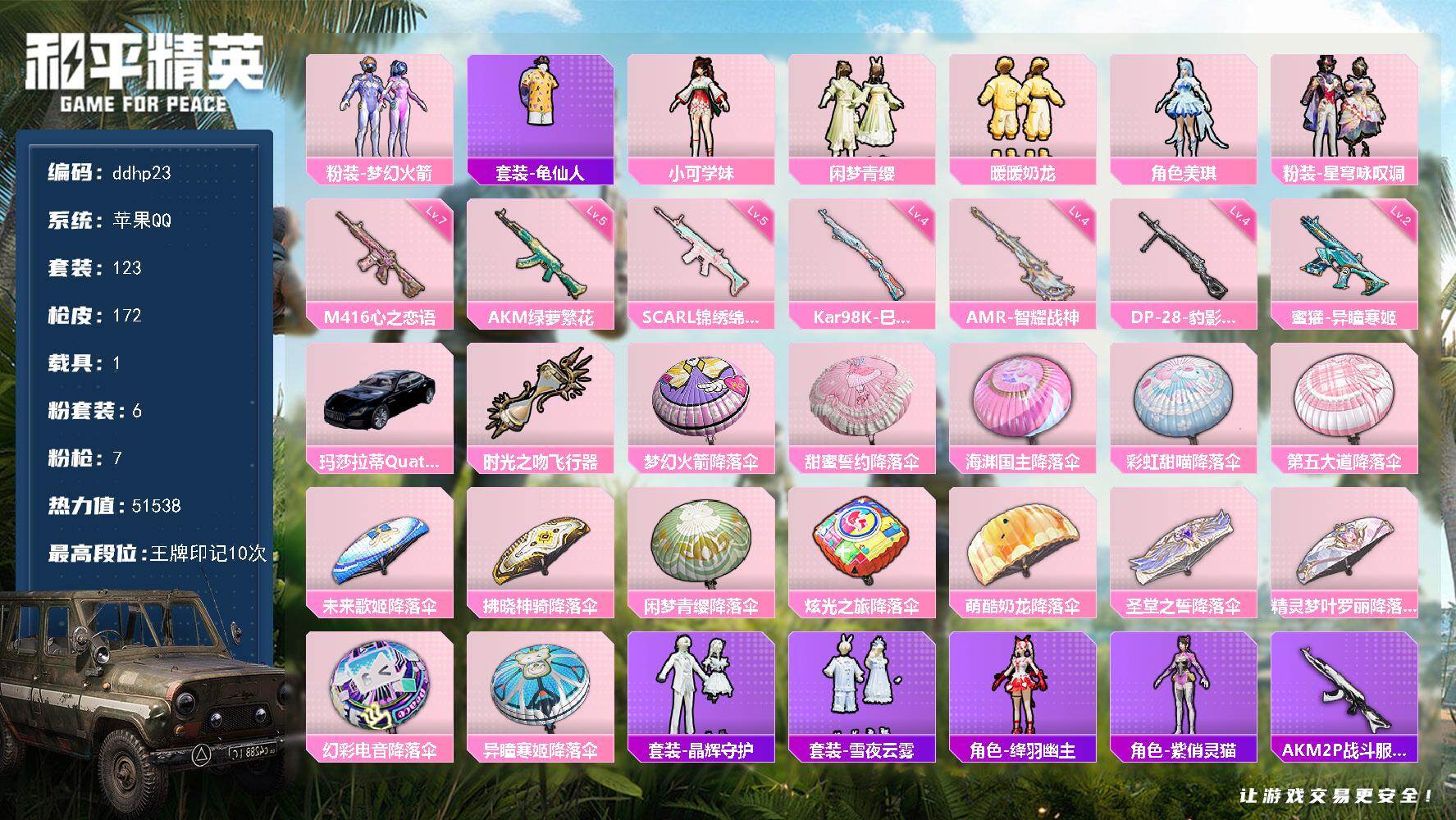 和平精英账号苹果QQ1载具-123套装-172枪皮-苹果 手Q-6粉装-7特效枪-1载具-1粉色飞行器-51538热力值-10王牌印记-123套装-172枪皮
【热门品类】：粉装-梦幻火箭，套装-龟仙人
【粉色套装】：粉