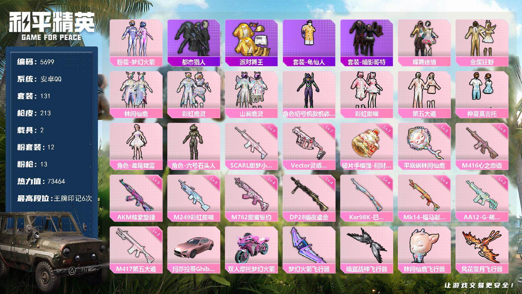和平精英账号安卓QQ131套装/枪械13/装备225/载具2/战备116/王牌印记6/热力值73464/五级AKM-炫紫旋律/七级SCAR-L-甜梦小狐/五级M416-心之恋语/四级M762-甜蜜誓约/七级Vector-