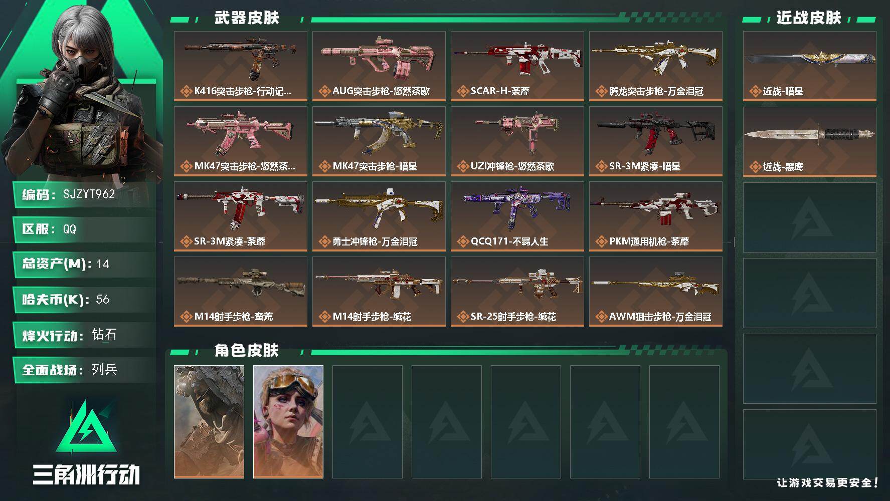 三角洲行动账号QQ【SJZYT962】总资产(M)：14M/哈夫币(K)：56K/哈夫币(K)：56K/传说枪皮数：17/全面战场等级：14_段位：列兵/烽火地带等级：60_段位：钻石/乌鲁鲁-荒原猎手/蛊-不羁人生