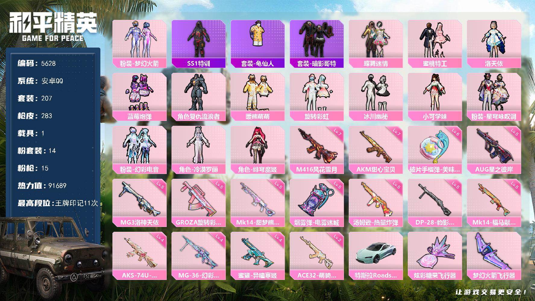和平精英账号安卓QQ207套装/枪械15/装备328/载具1/战备173/王牌印记11/热力值91689/七级AKM-甜心宝贝/七级M416-风花雪月/五级GROZA-旋转彩虹/五级AUG-星之彼岸/四级蜜獾-异瞳寒姬/