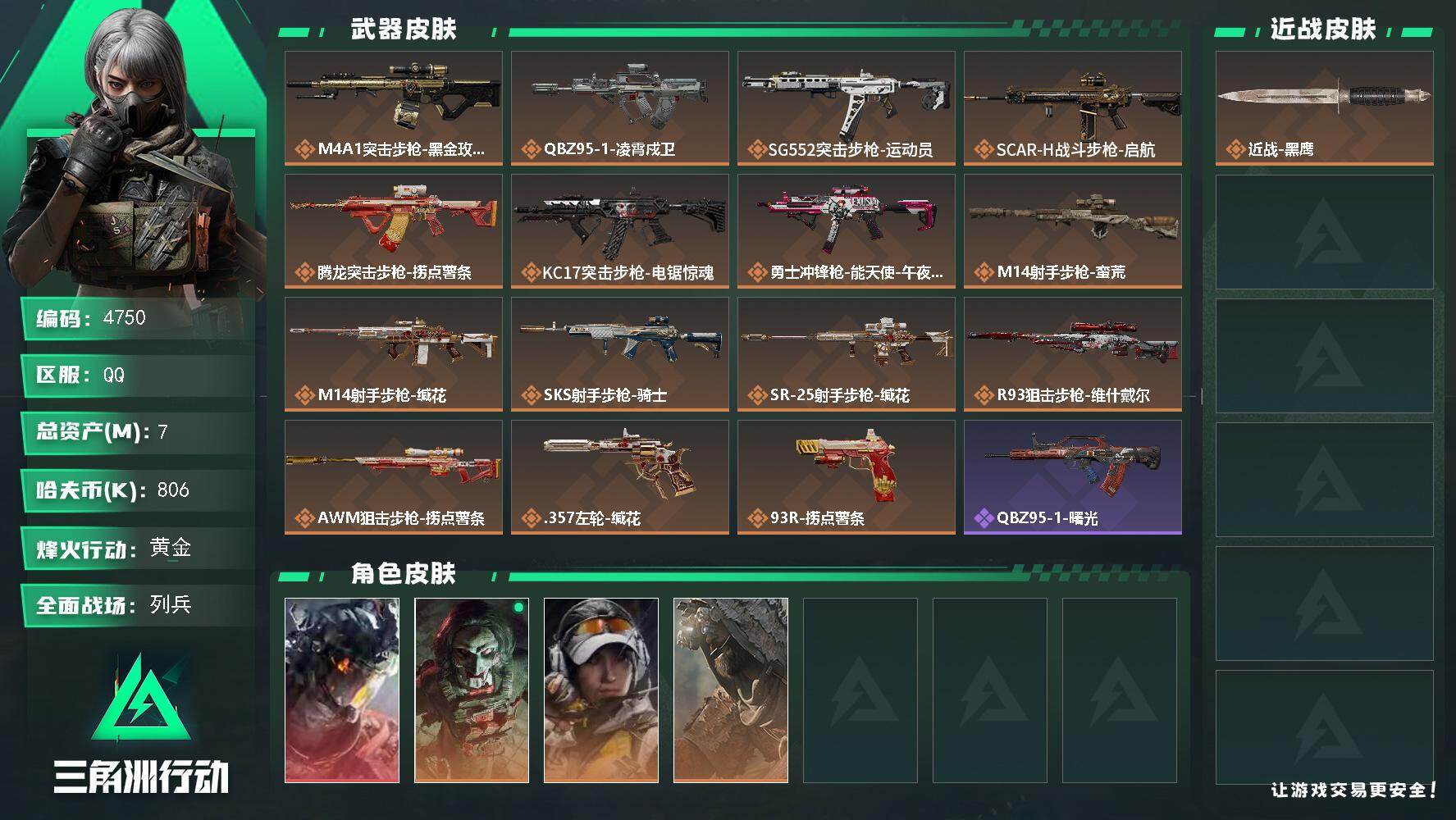 三角洲行动账号QQPX_2558456-7m总资产-806k哈夫币-60烽火等级-黄金-13战场等级-列兵
【干员外观】：威龙-凌霄戍卫，红狼-电锯惊魂，露娜-金牌射手，乌鲁鲁-荒原猎手
【近战皮肤】：近战-