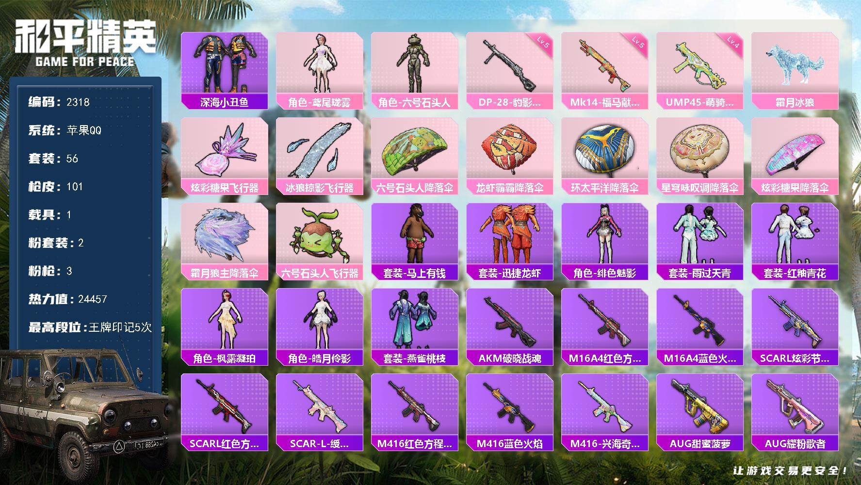 和平精英账号苹果QQ【2318】【公主号·2粉装·3特效枪·1载具·鸢尾珑雾·霜月冰狼·小裙子多·地铁有天赋】
苹果 手