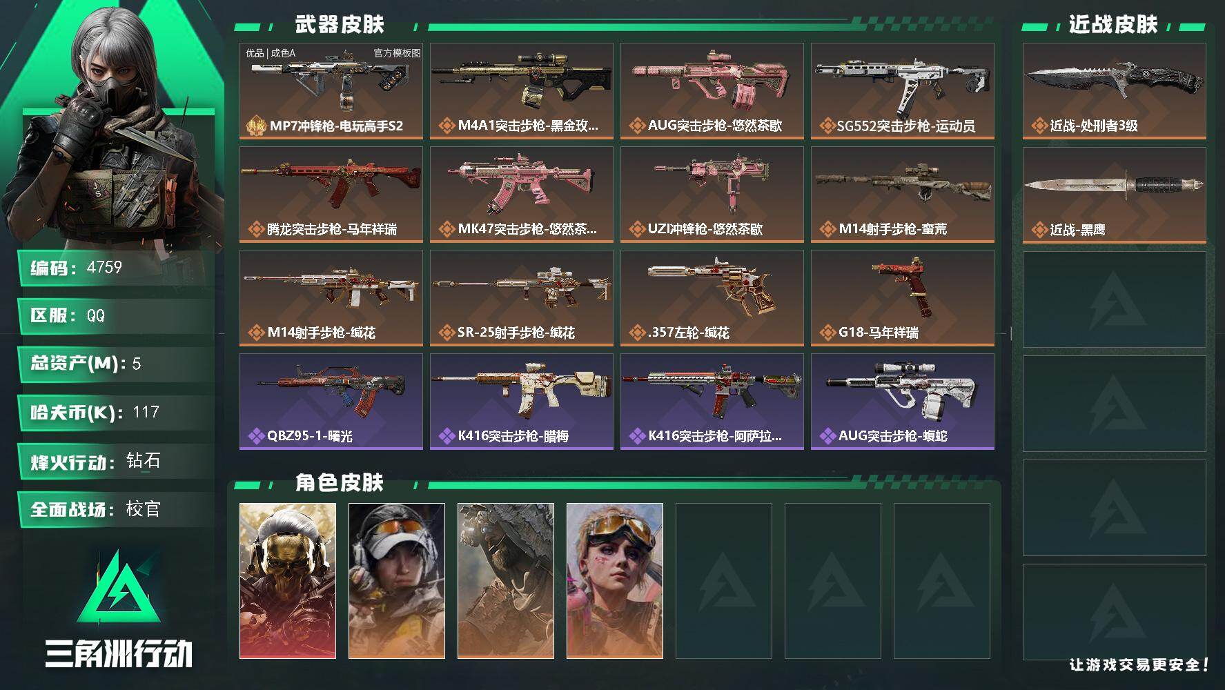 三角洲行动账号QQPX_2558532-5m总资产-117k哈夫币-60烽火等级-钻石-48战场等级-校官
【干员外观】：红狼-蚀金玫瑰，露娜-金牌射手，乌鲁鲁-荒原猎手，蛊-不羁人生
【近战皮肤】：近战-处