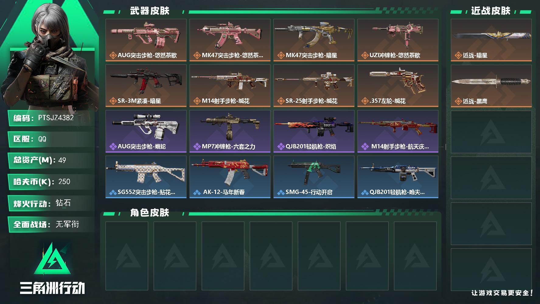 三角洲行动账号QQ【PTSJZ4382】总资产(M)：49M/哈夫币(K)：250K/哈夫币(K)：250K/传说枪皮
