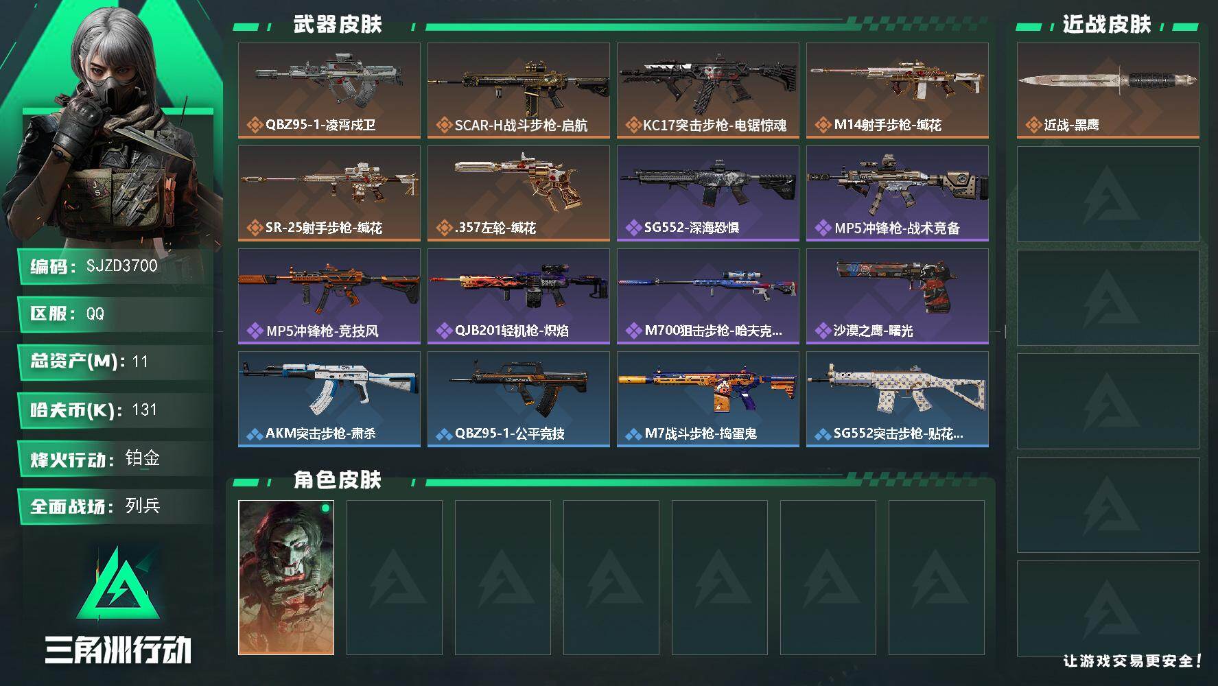 三角洲行动账号QQ【SJZD3700】总资产(M)：11M/哈夫币(K)：131K/哈夫币(K)：131K/传说枪皮数：6/全面战场等级：7_段位：列兵/烽火地带等级：55_段位：铂金/红狼-电锯惊魂/近战-黑鹰/Q