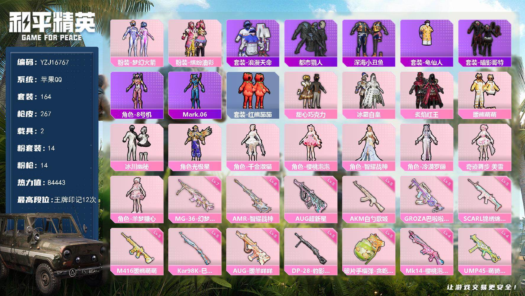 和平精英账号苹果QQYZJ16767-不可二次-苹果Q-2稀有2载具14粉装13特效枪12热门【极品公主素材号 优质主页
