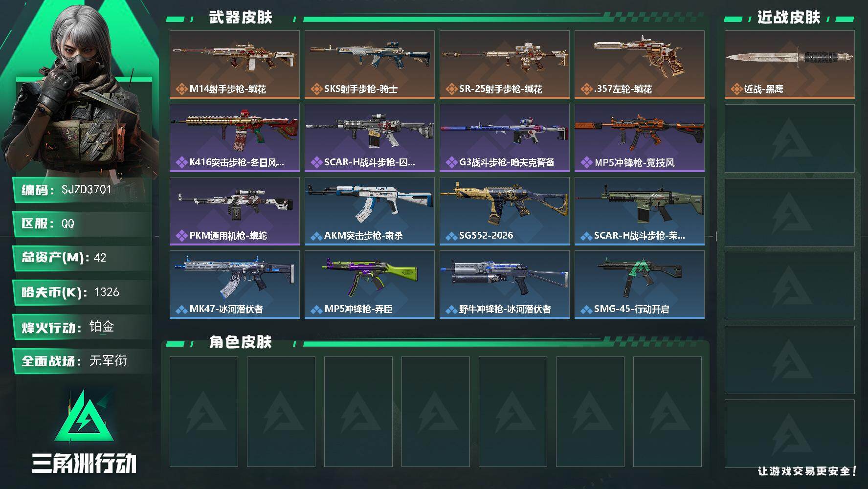 三角洲行动账号QQ【SJZD3701】总资产(M)：42M/哈夫币(K)：1326K/哈夫币(K)：1326K/传说枪皮数：4/全面战场等级：4_段位：无段位/烽火地带等级：60_段位：铂金/近战-黑鹰/M14射手步