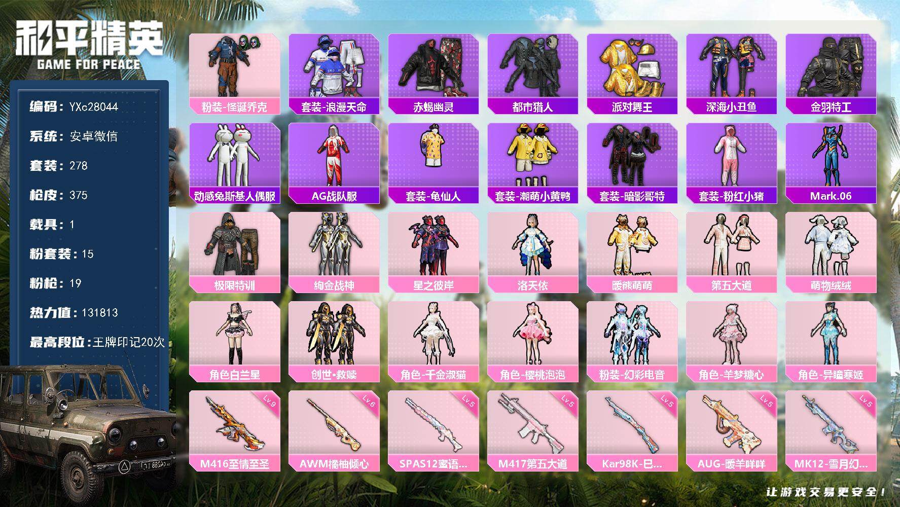 和平精英账号安卓微信【赤蝎 都市 金鞋 怪诞 极限特训 满级至情至圣 】YXc28044-【可二次】【因赛季更新游戏段付以上号为准!】
 安卓V-5稀有1载具15粉装19特效枪19热门278套装375枪皮  20印记 历