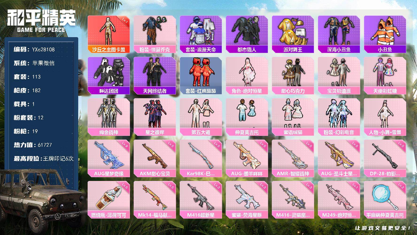 和平精英账号苹果微信【无法转区！素材号！图卡盟 都市 天网 金鞋 巧克力 怪诞 满级星梦奇缘 番茄 胖达 国宝头 粉熊包 满地铁天赋】YXc28108-【无二次】【因赛季更新游戏段付以上号为准!】
 苹果V-1红装5稀有