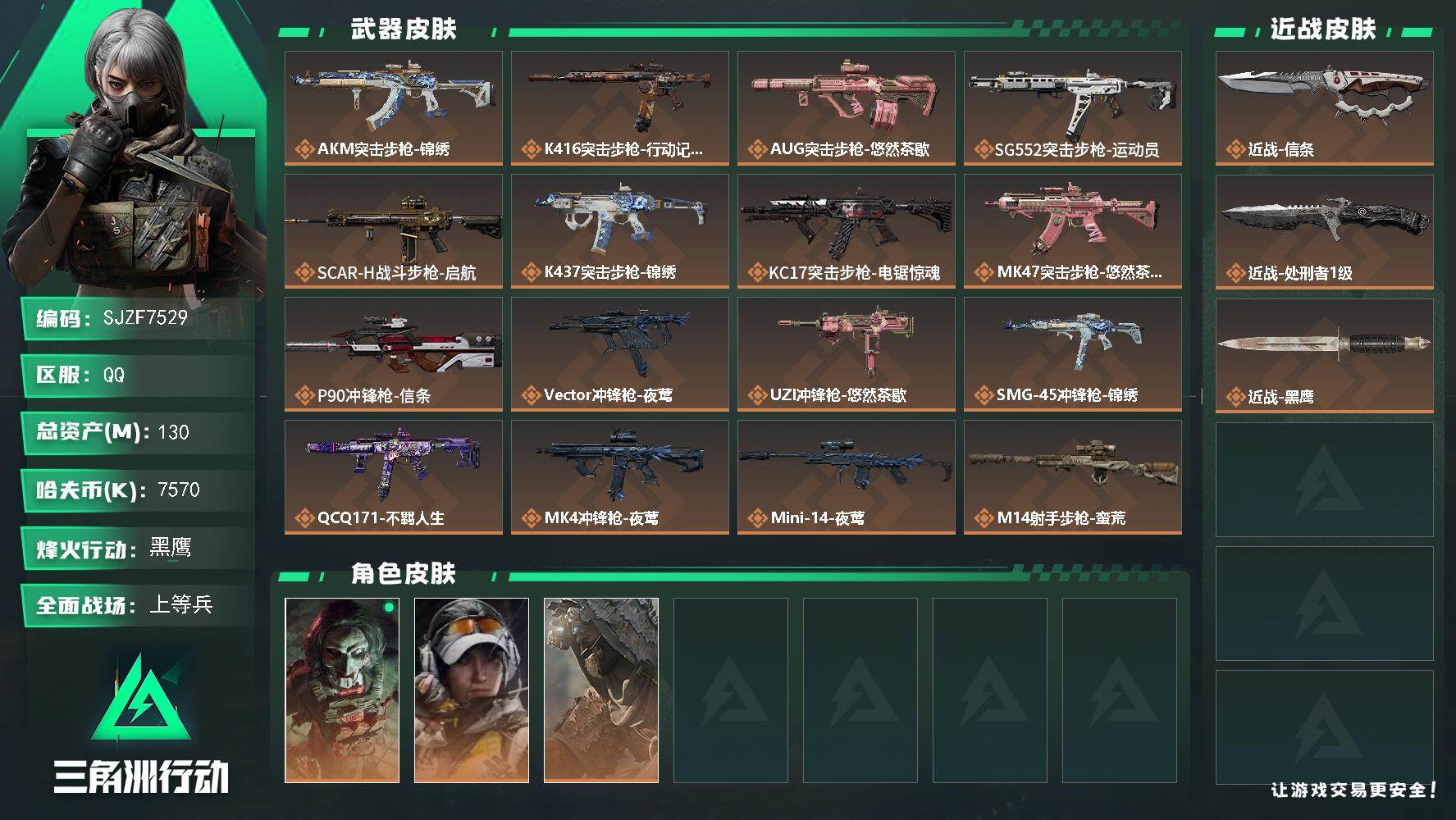 三角洲行动账号QQ【SJZF7529】总资产(M)：130M/哈夫币(K)：7570K/哈夫币(K)：7570K/传说