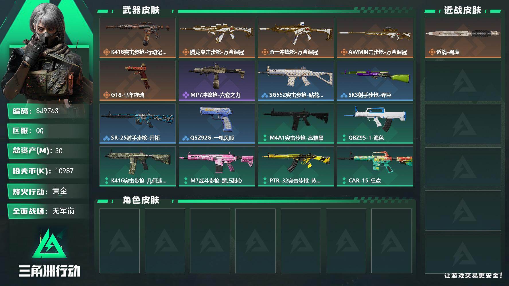 三角洲行动账号QQ【SJ9763】总资产(M)：30M/哈夫币(K)：10987K/哈夫币(K)：10987K/传说枪皮数：5/全面战场等级：4_段位：无段位/烽火地带等级：25_段位：黄金/近战-黑鹰/K416突击