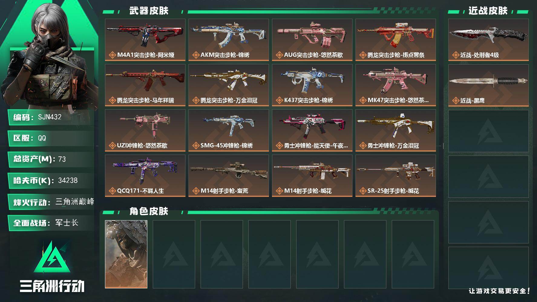 三角洲行动账号QQ【SJN432】总资产(M)：73M/哈夫币(K)：34238K/哈夫币(K)：34238K/传说枪皮数：21/全面战场等级：23_段位：军士长/烽火地带等级：60_段位：三角洲巅峰/乌鲁鲁-荒原猎