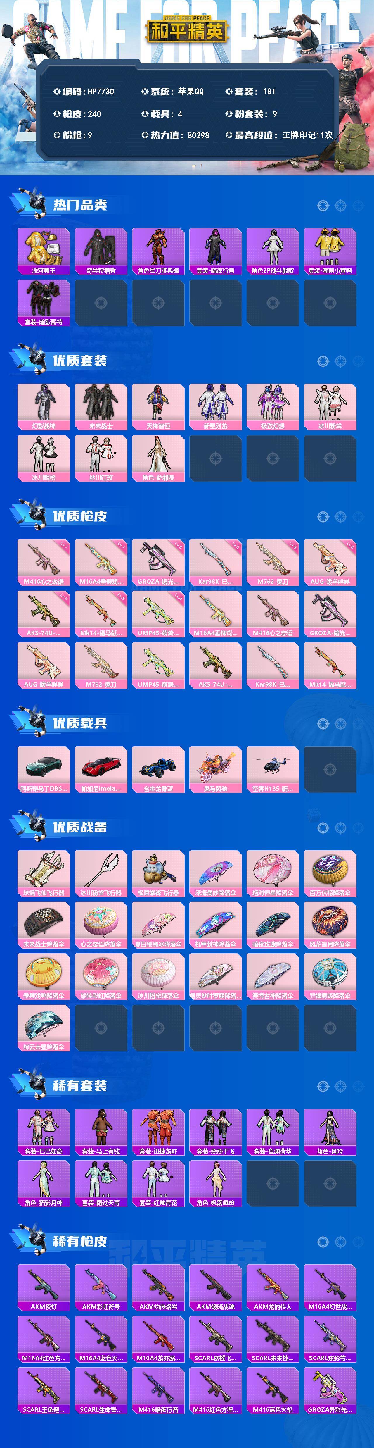 和平精英账号苹果QQ4载具-181套装-240枪皮-苹果派对舞王/奇异狩猎者/军刀雅典娜/暗夜行者/2P战斗服款/潮萌小黄鸭/红眼罩/幻影战神/未来战士/天禅智恒/新星烈龙/极致幻想/冰川粉黛/冰川幽秘/冰川红玫/萨利娅