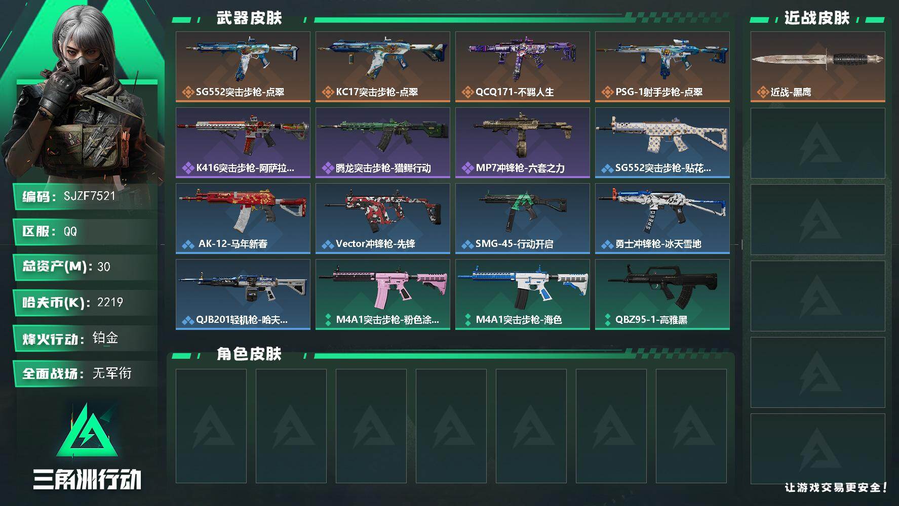 三角洲行动账号QQ【SJZF7521】总资产(M)：30M/哈夫币(K)：2219K/哈夫币(K)：2219K/传说枪皮数：4/全面战场等级：1_段位：无段位/烽火地带等级：54_段位：铂金/近战-黑鹰/SG552突