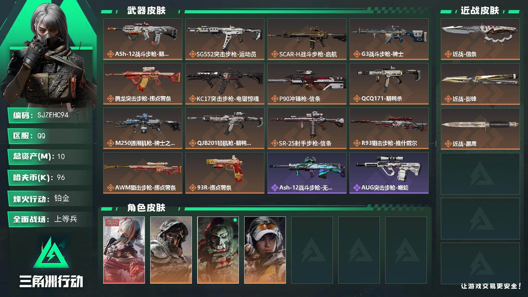 三角洲行动账号QQ【SJZEHC94】DHC60281 【1红皮/3金皮/2刀皮】
10m总资产-96k哈夫币-60烽