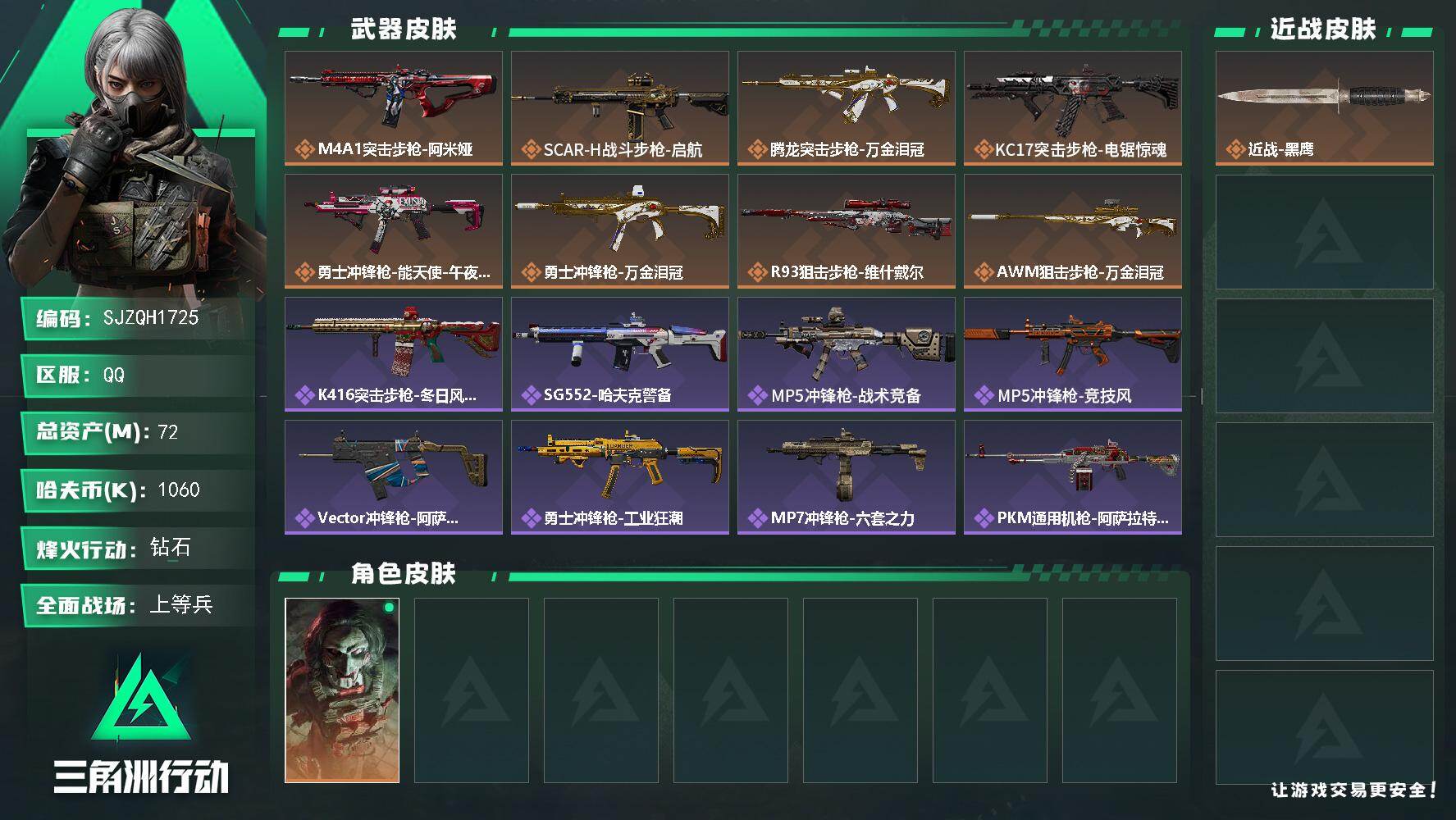 三角洲行动账号QQ【SJZQH1725】总资产72M/哈夫币106万/传说枪皮数8/战场等级21/行动等级60/安全箱等时效性道具以游戏内数据为准，详情请看图/红狼-电锯惊魂/近战-黑鹰/M4A1突击步枪-阿米娅/S