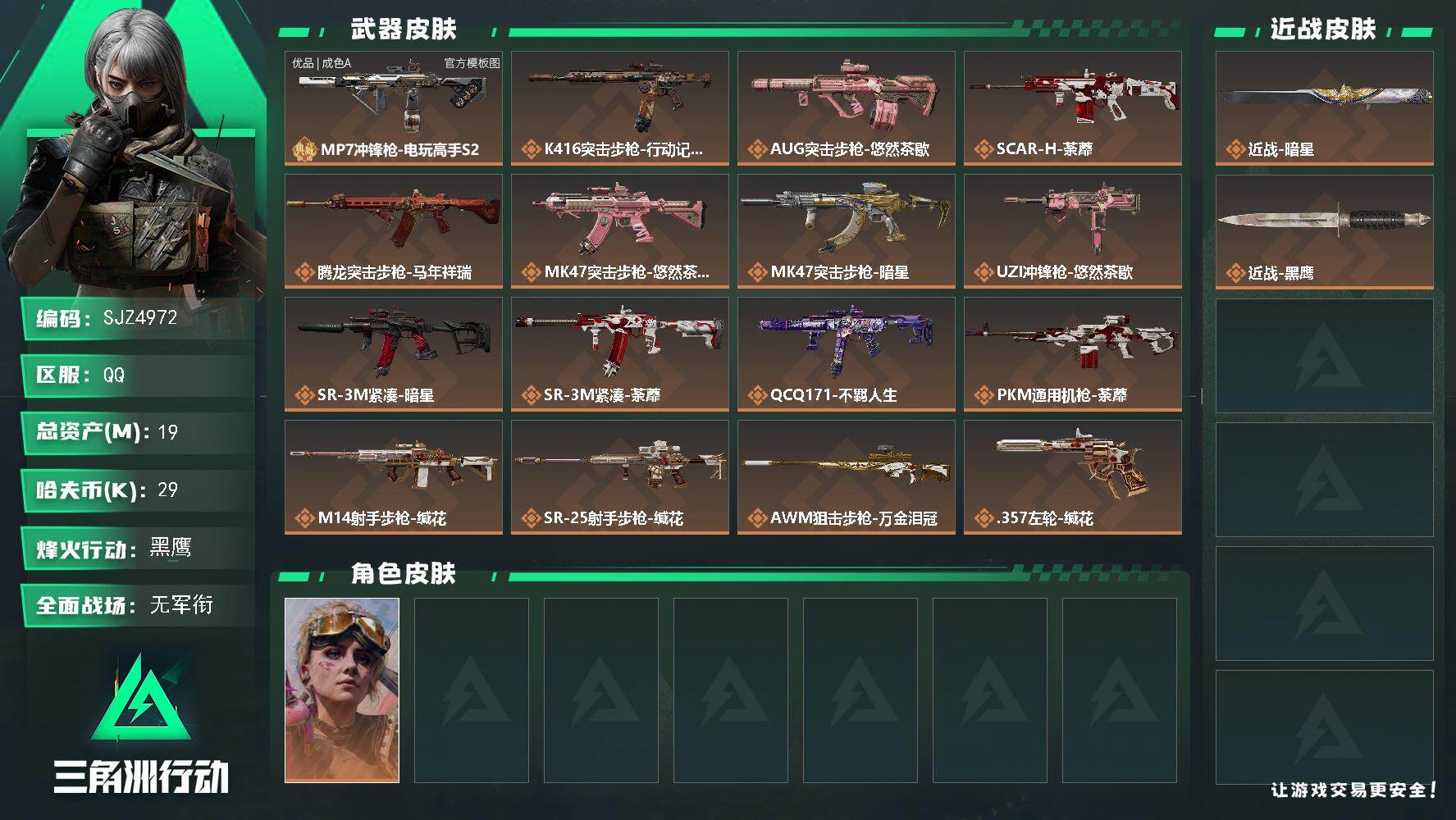 三角洲行动账号QQ【SJZ4972】总资产(M)：19M/哈夫币(K)：29K/哈夫币(K)：29K/传说枪皮数：17