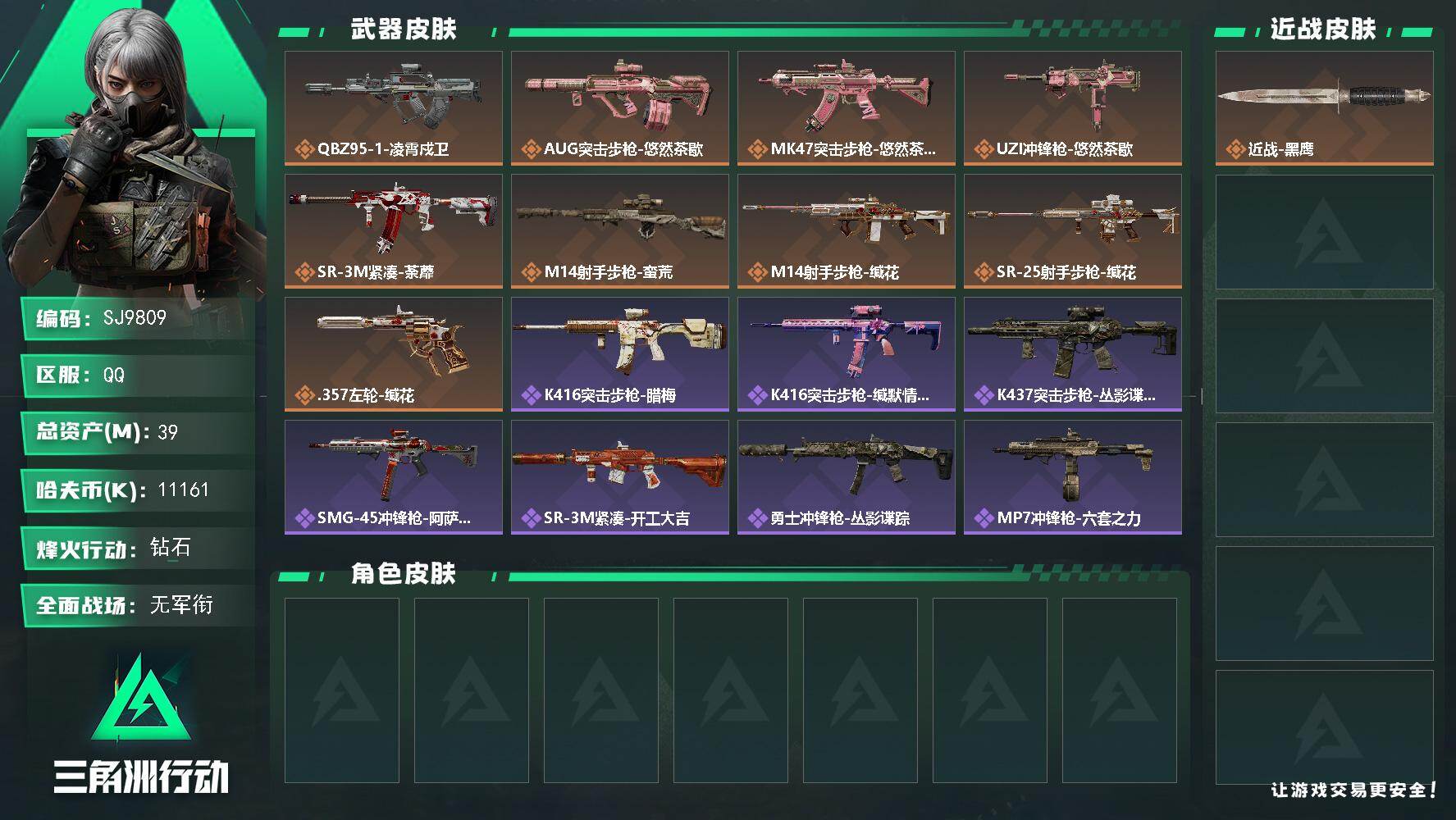三角洲行动账号QQ【SJ9809】总资产(M)：39M/哈夫币(K)：11161K/哈夫币(K)：11161K/传说枪皮数：9/全面战场等级：5_段位：无段位/烽火地带等级：43_段位：钻石/近战-黑鹰/QBZ95-