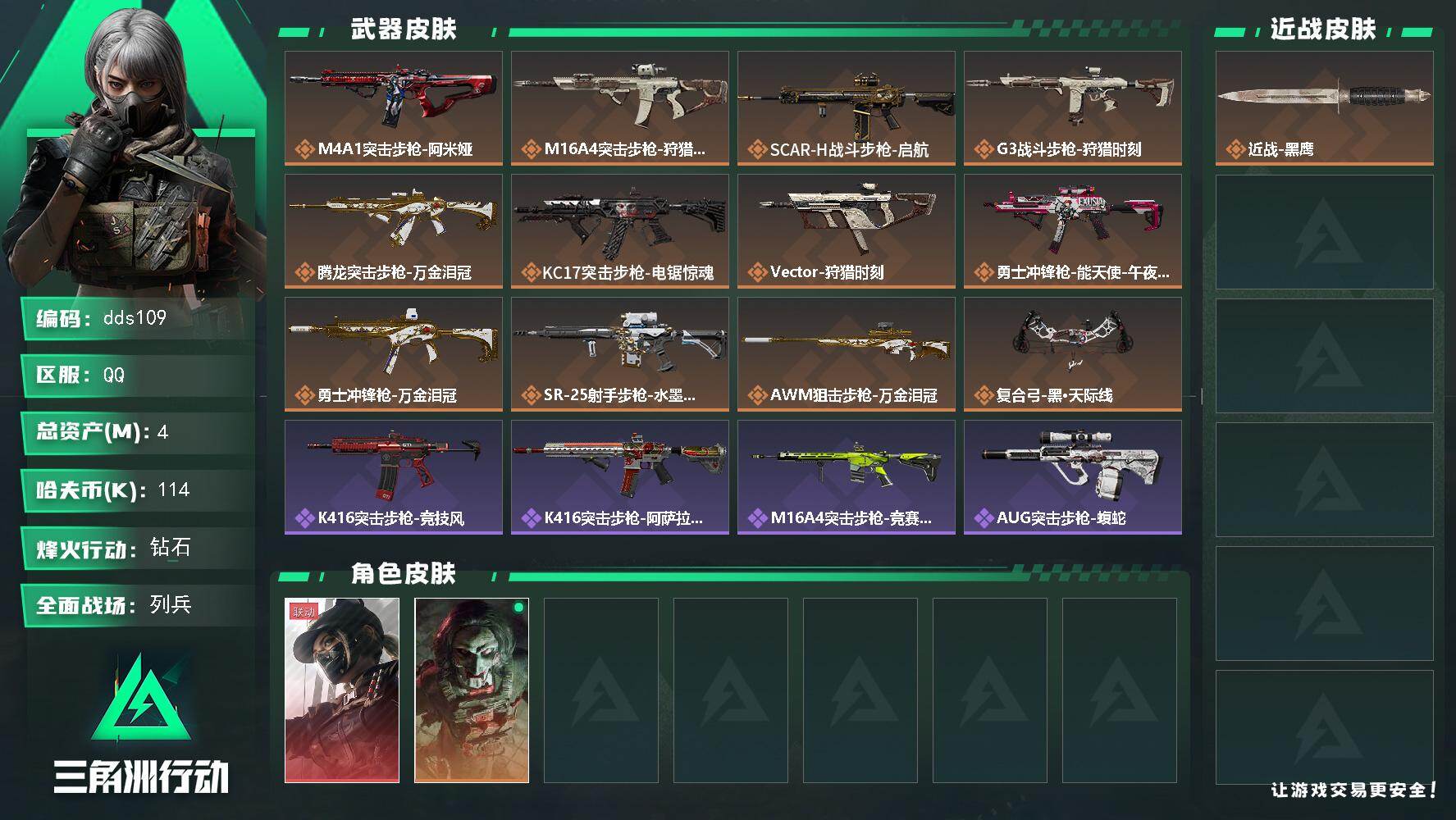 三角洲行动账号QQ4m总资产-114k哈夫币-60烽火等级-钻石-10战场等级-列兵
【干员外观】：露娜-黑·天际线，红狼-电锯惊魂
【近战皮肤】：近战-黑鹰
【传说外观】：M4A1突击步枪-阿米娅，M16A4突击步枪