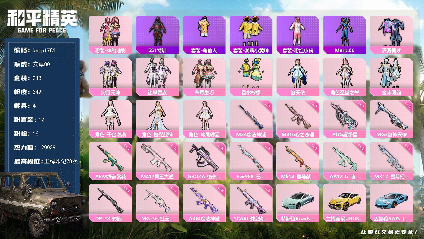 和平精英账号安卓QQ安卓 手Q-12粉装-16特效枪-4载具-6粉色飞行器-120039热力值-28王牌印记-248套装