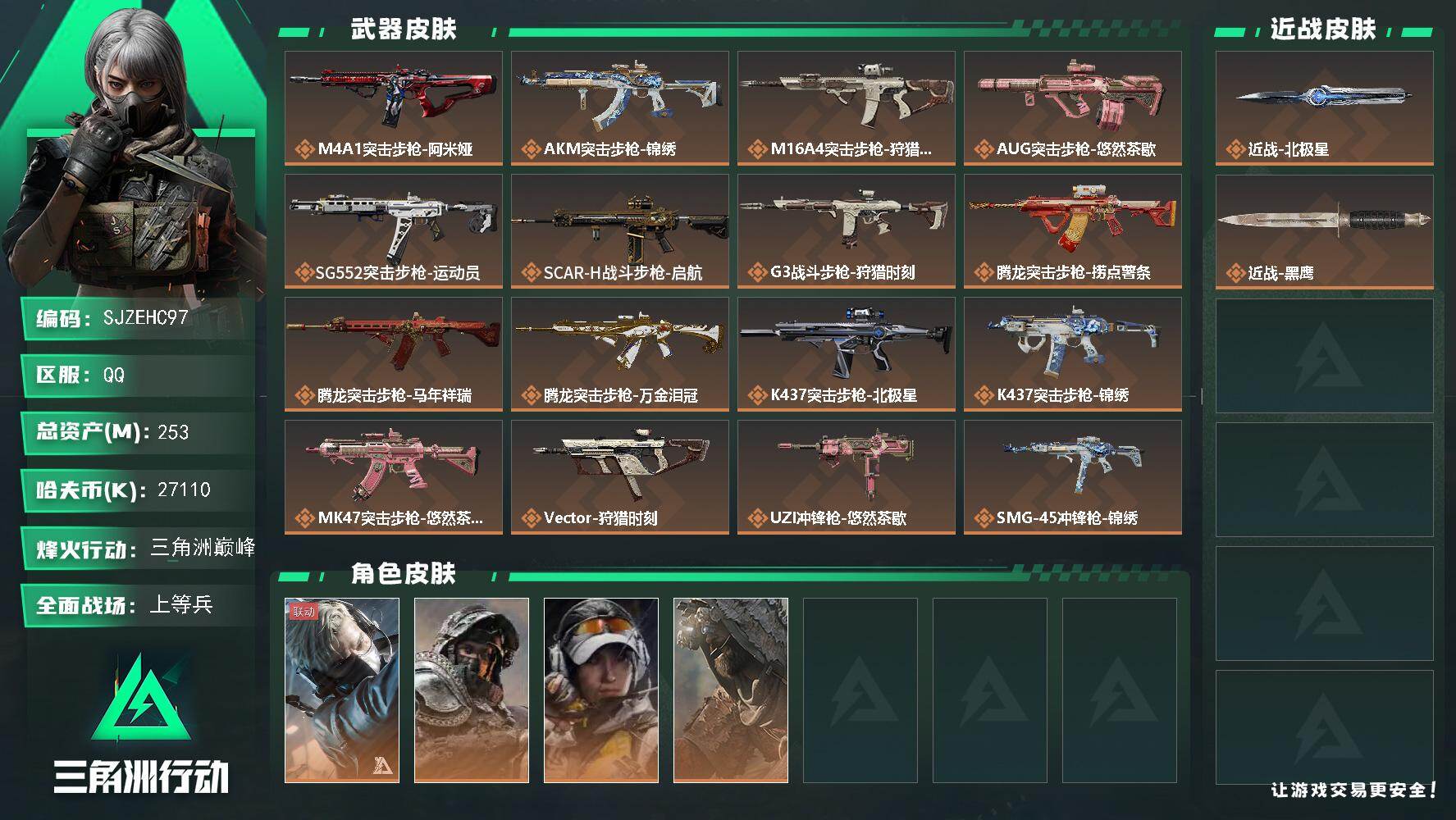 三角洲行动账号QQ【SJZEHC97】DHC60151 【4金皮/1刀皮】253m总资产-27110k哈夫币-60烽火