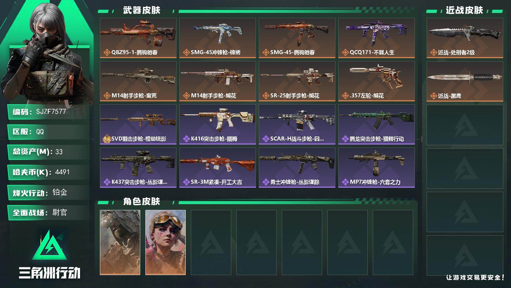 三角洲行动账号QQ【SJZF7577】总资产(M)：33M/哈夫币(K)：4491K/哈夫币(K)：4491K/传说枪皮数：8/全面战场等级：28_段位：尉官/烽火地带等级：60_段位：铂金/乌鲁鲁-荒原猎手/蛊-不