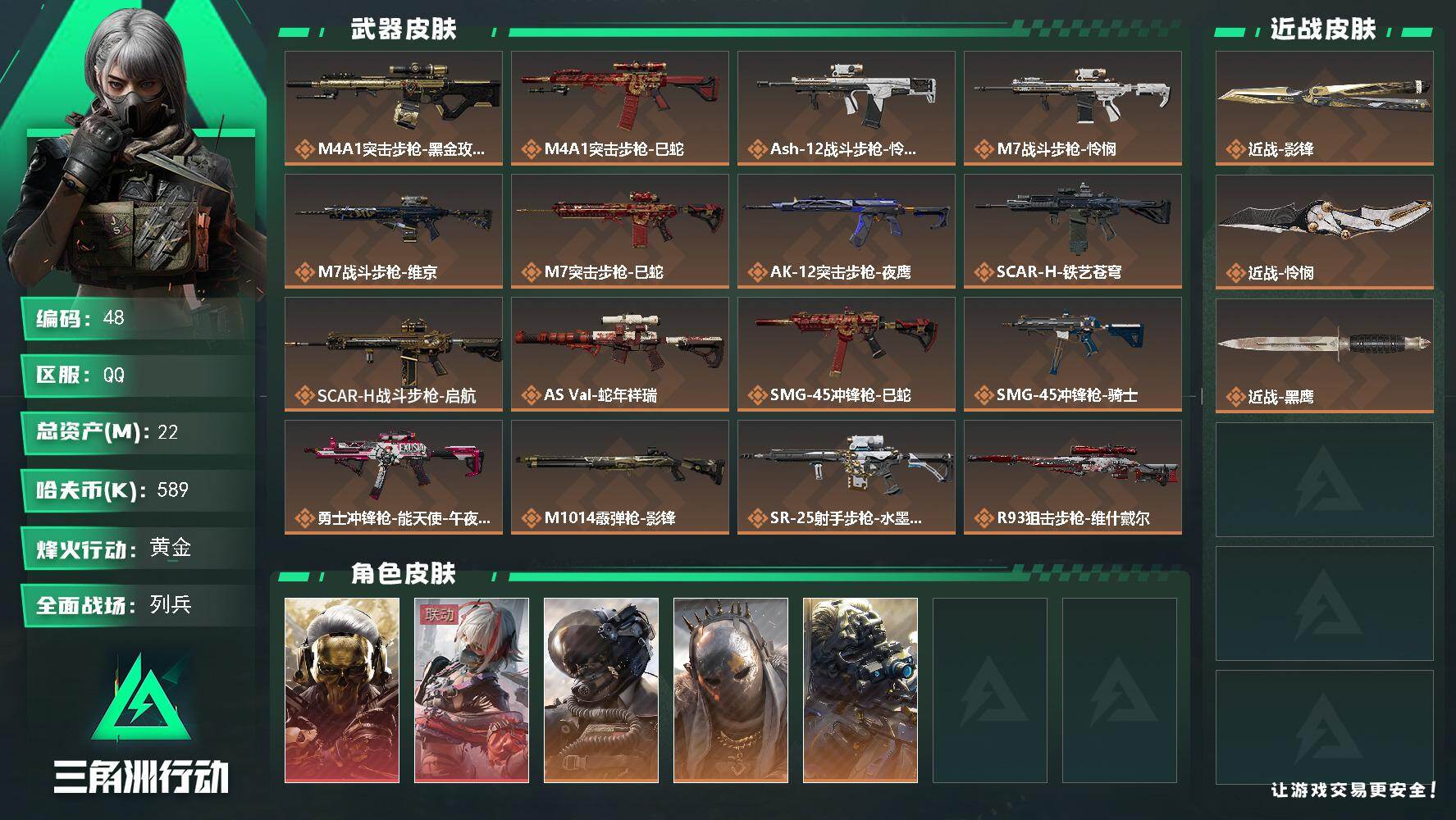 三角洲行动账号QQ22m总资产-589k哈伏币-60烽火等级-黄金-39战场等级-列兵
【干员外观】：红狼-蚀金玫瑰，