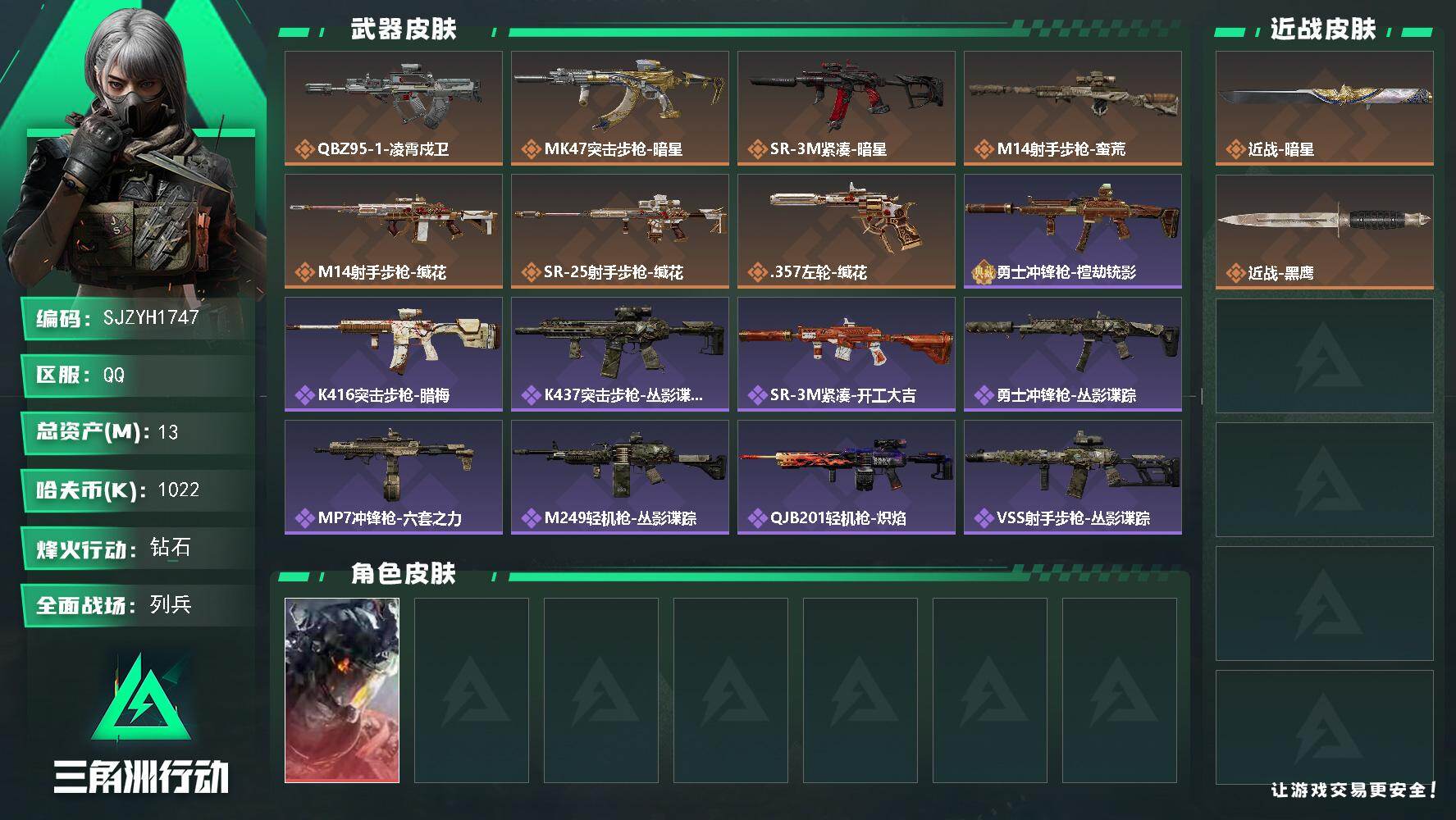 三角洲行动账号QQ【SJZYH1747】总资产(M)：13M/哈夫币(K)：1022K/哈夫币(K)：1022K/传说枪皮数：7/全面战场等级：10_段位：列兵/烽火地带等级：57_段位：钻石/威龙-凌霄戍卫/近战-